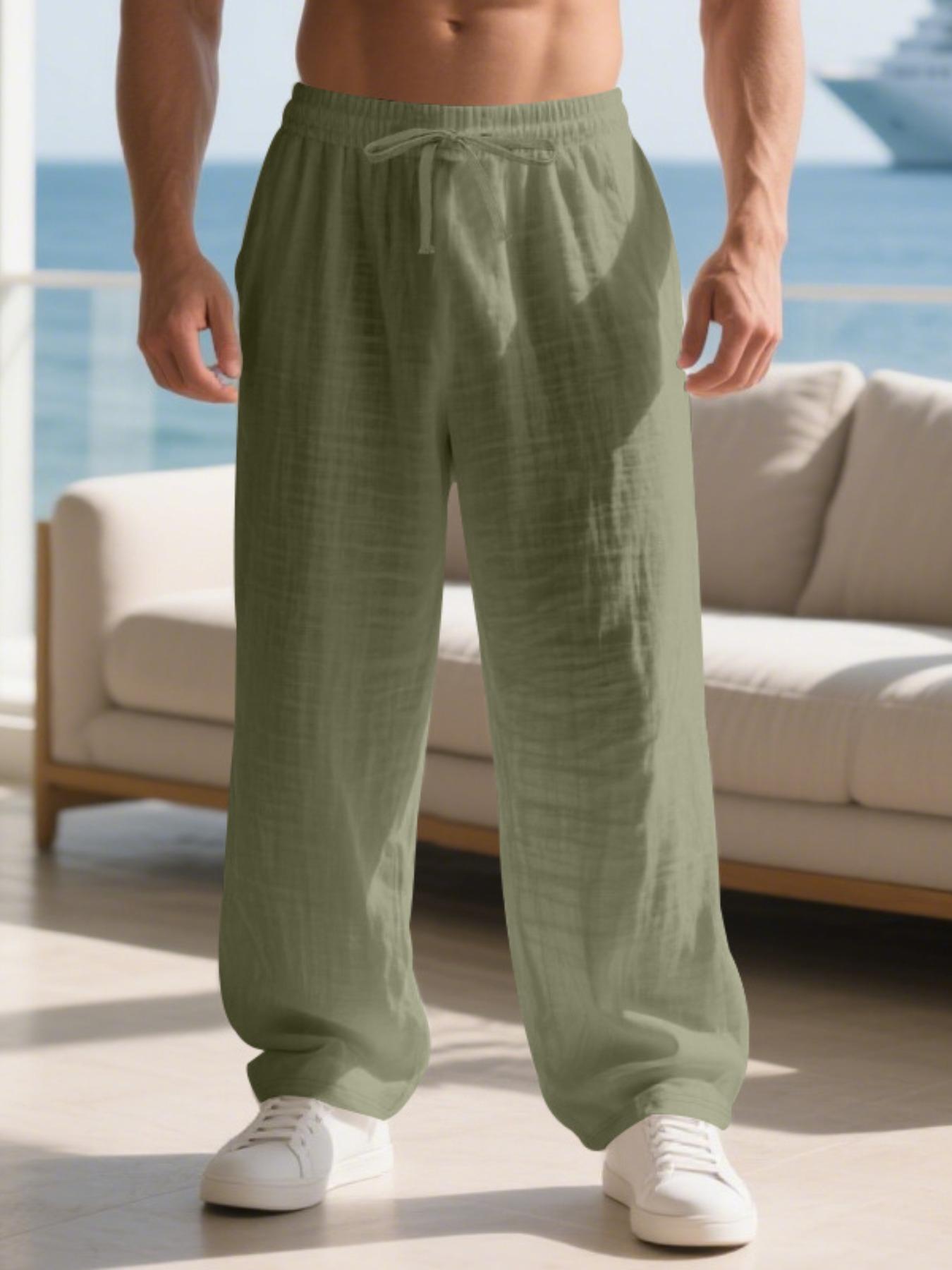 Men's Linen Long Pants Fit with Pockets, Casual Beach Pants, Summer Home Wear, Elastic Waistband & Drawstring, Spring & Fall Fashion