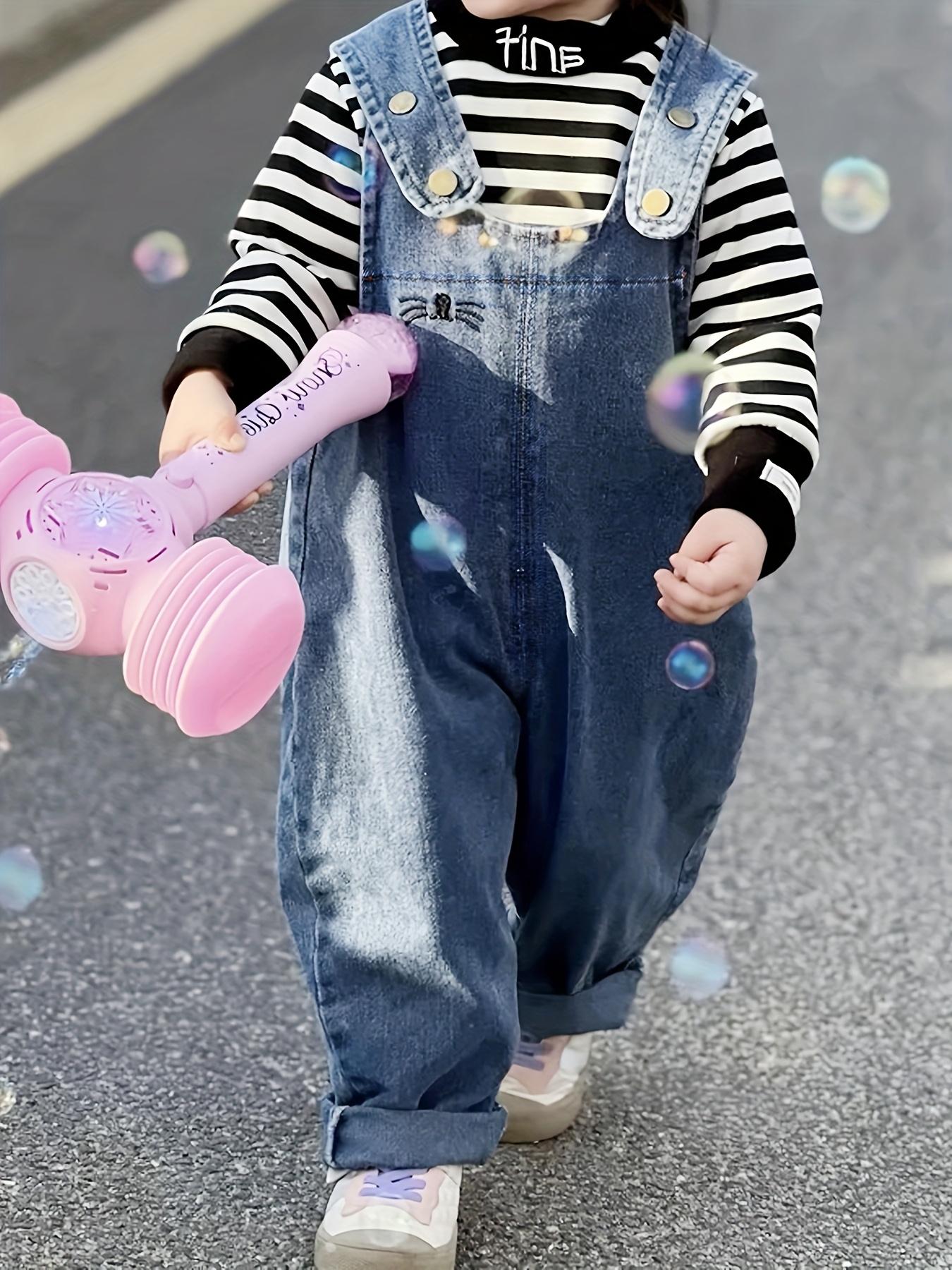 Adorable Youth Light Blue Denim Overalls with Bunny Ear Detail - Casual Loose Fit, Suitable for Spring and Autumn, Machine Washable, Perfect for Outdoor Activities