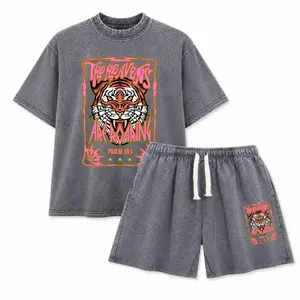 Holafish Unisex Heavyweight Pure Cotton Acid Washed Vintage "Paradise" Roaring Tiger Print Crew Neck Street Style T-Shirt - TikTok Store