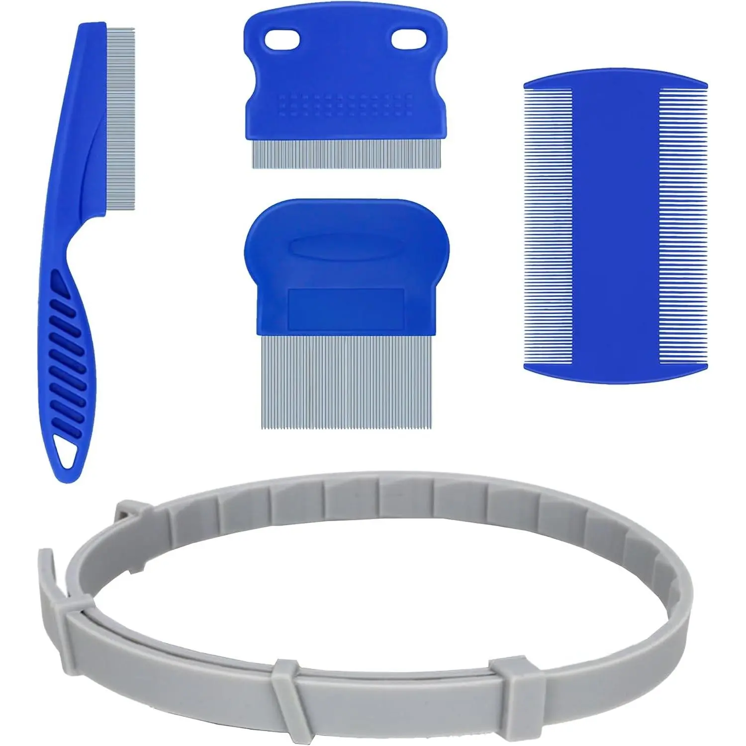 Cat Collar and Combs Combo, Pet Grooming and Tick Management, 1 Plastic Band Fits 14" Neck Circumference, 4 Plastic Stainless-Steel Teeth Dematting Combs with Rounded Pins, 5 Pcs per Pack