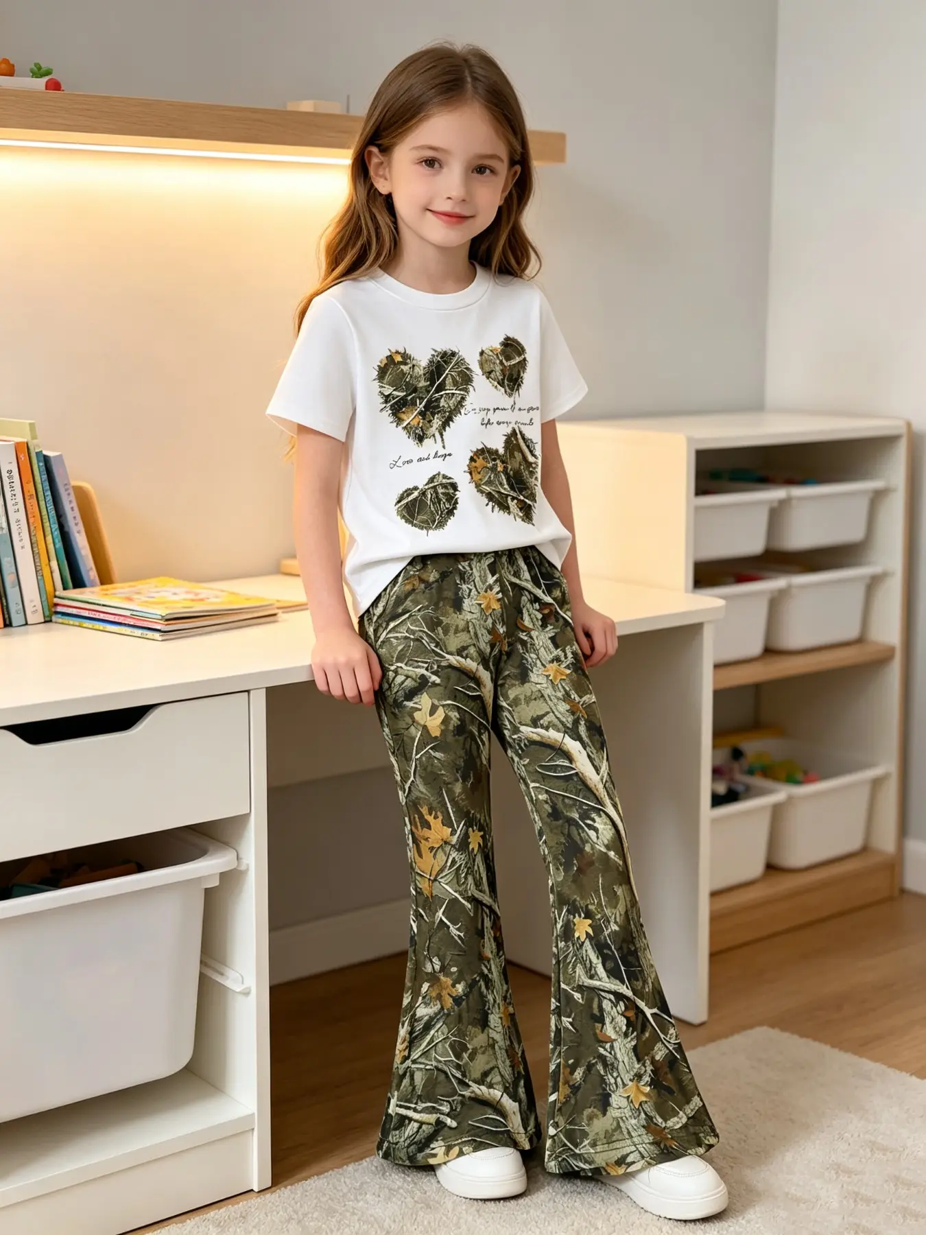 Girls' Camouflage Heart Short Sleeve Top & Tree Pattern Wide Leg Pants Set, Casual Daily Wear, Street Style, Friends Outing, Shopping, Travel, Summer Outfits Set