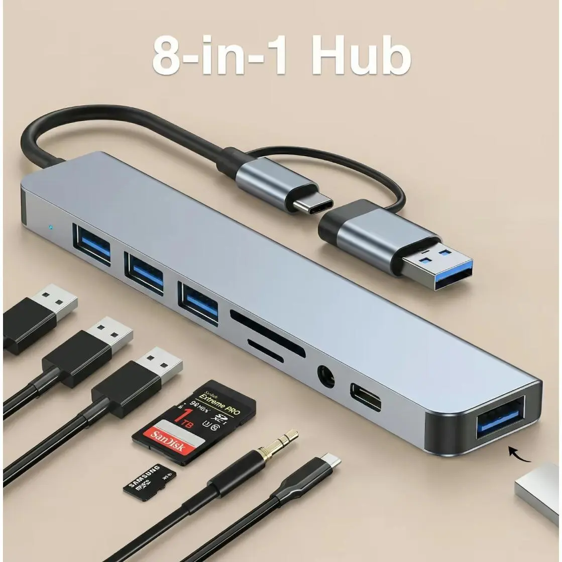 USB-C 8-Port Hub Expander with 4 USB 3.0 Ports 1 USB-C Jack TF/SD Card Reader 3.5mm Audio Output-Speed Data Transfer for iPhone 15 16 17 iPad Pro Laptop Galaxy Phones High