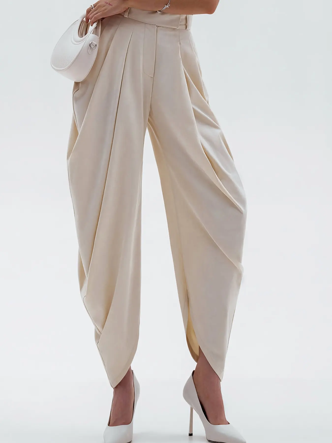 High Waist Draped Satin Harem Pants, Asymmetric Irregular Ruched Flowy Wide Leg, Designer Trousers, Stylish and Comfortable, Perfect for Any Occasion