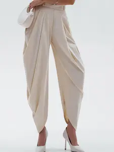 High Waist Draped Satin Harem Pants, Irregular Ruched Flowy Wide Leg, Designer Trousers, Stylish and Comfortable, Perfect for Any Occasion