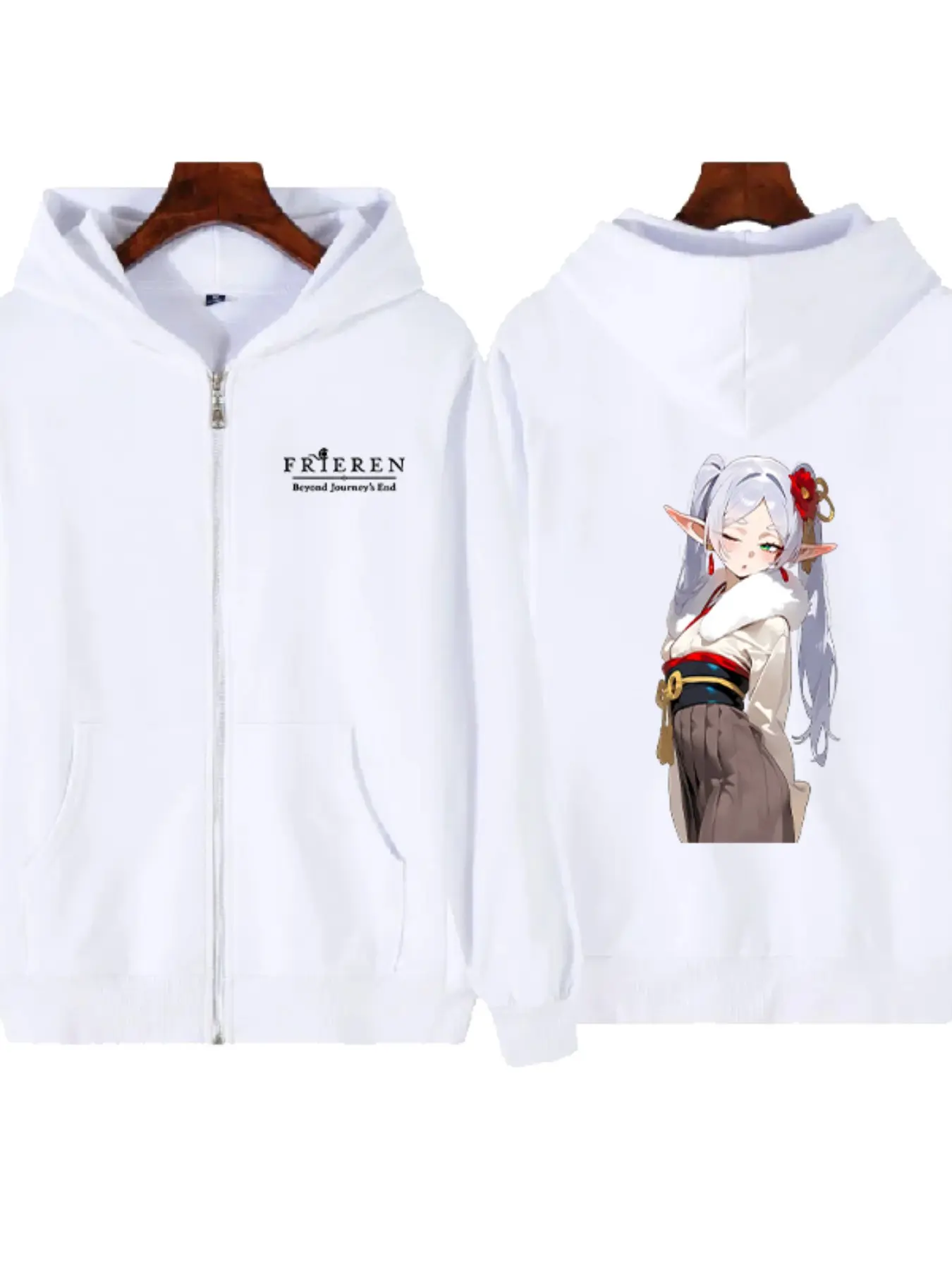 Frieren Anime Girl Kimono Hoodie, Loose-Fit Zip-Up Jacket, Dual-Tail Print, Casual All-Season Outerwear, Comfortable and Stylish