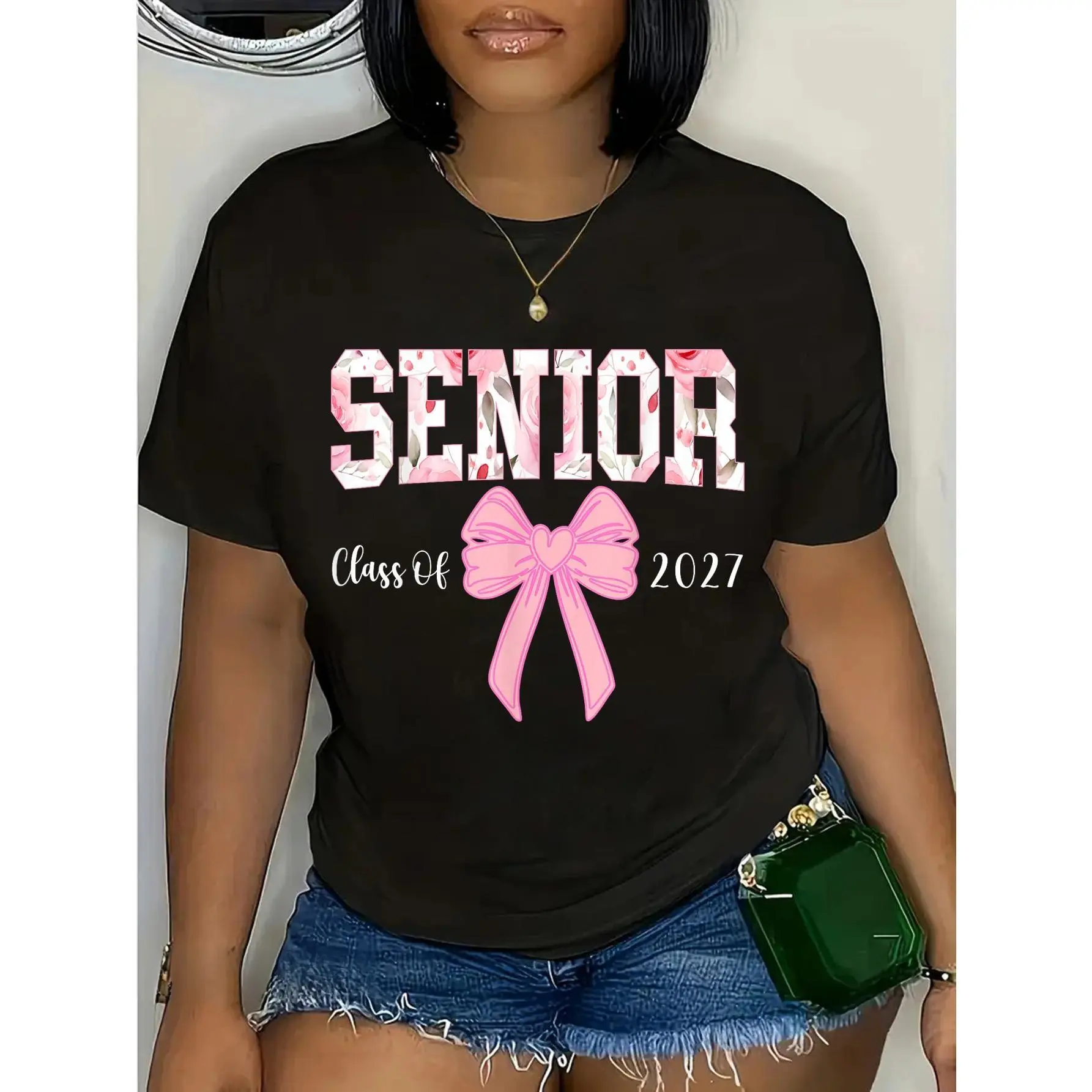 Class of 2027 Senior Graphic Sports Top - Solid, Short-Sleeve, Lightweight Round Neck T-Shirt with Floral Pink Bow Prints, Breathable Everyday Casual Back to School Top, Shortsleeve, Crew Neck, Tshirt, Fabric, Tee, Sporty Chic, All Seasons