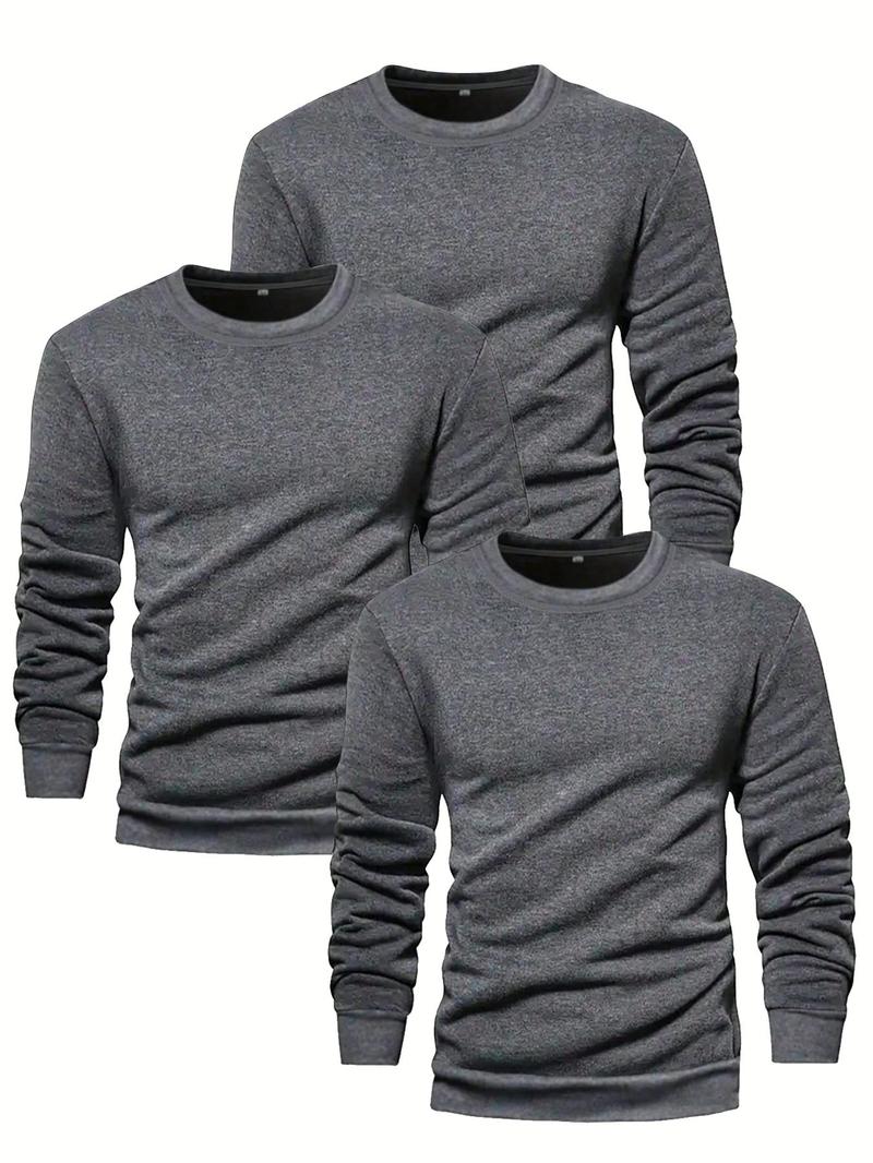 Men's Solid Long Sleeve Crew Neck T-shirt, Casual Regular Fit Basic Round Neck Tee for Fall & Winter, Men's Clothes for Daily Wear