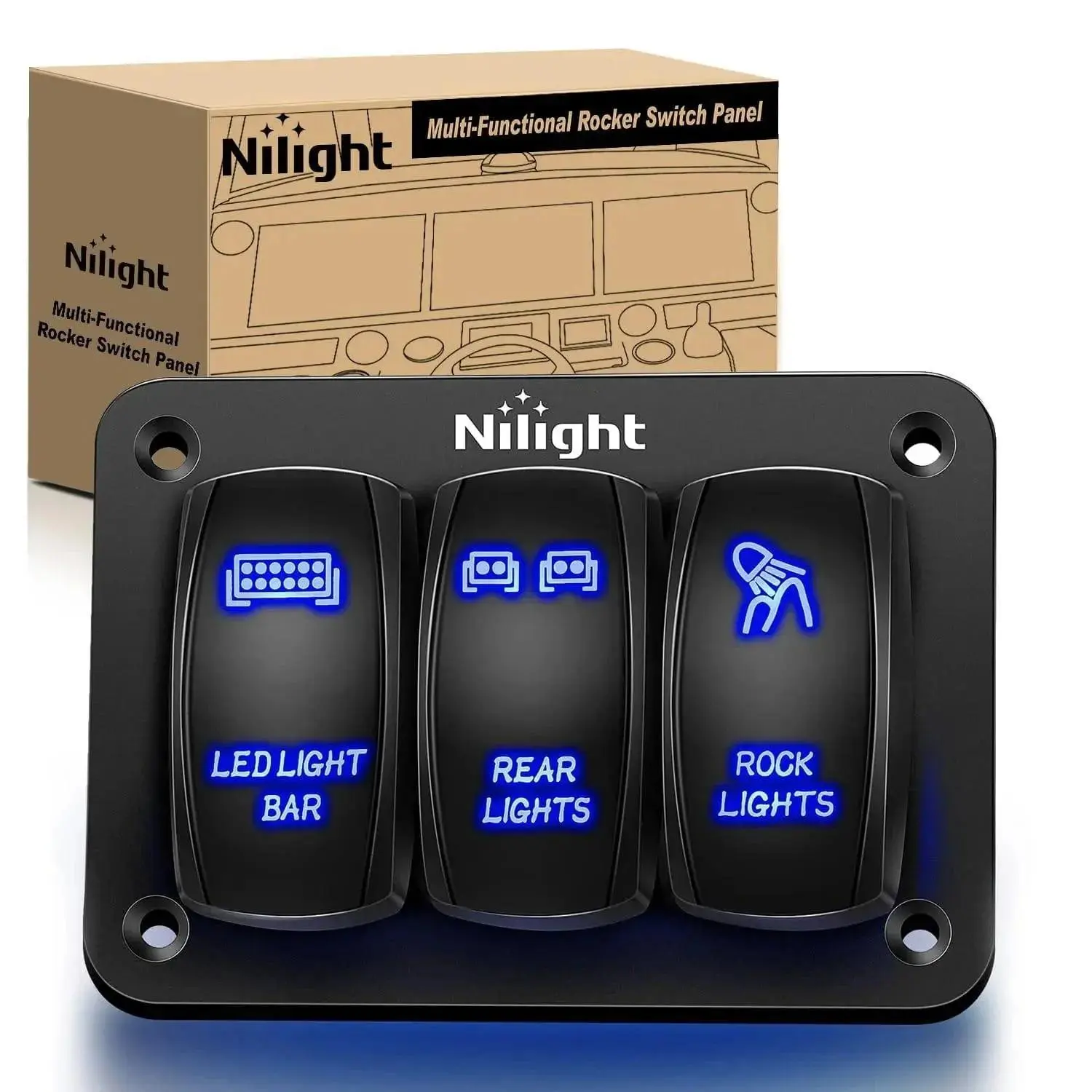 Nilight 3-Gang 5-Pin ON/OFF SPST Rocker Switch Panel - Blue LED Illuminated, Aluminum+ABS, Laser Etch, Compatible with ATV, Accessories for Car, Motorcycle Light Bars, Rear Lights
