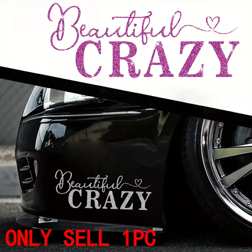 1 piece of "Beautiful Crazy" creative font glitter sticker, available in glitter silver and glitter purple, can cover scratches; waterproof and sunproof; suitable for cars and window glass; the best choice for glitter sticker seekers.
