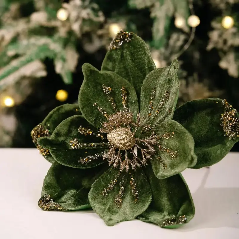 Realistic Artificial Christmas Velvet Flower with Sparkling Center and Flexible Stem, Elegant Poinsettia Magnolia Decor for Tree Wreath Bouquet Home Hotel flower ornament