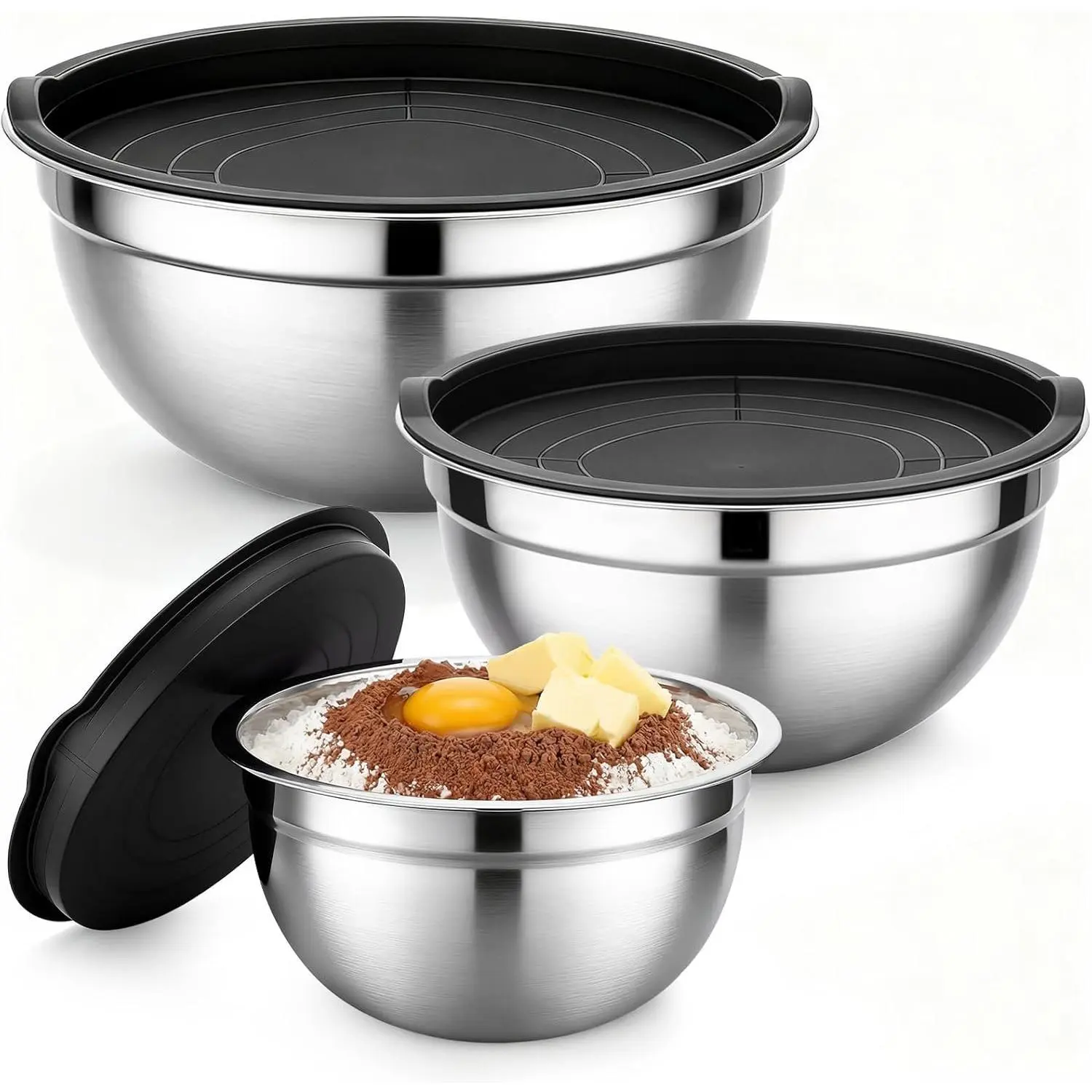 Nifogo 3-Piece Stainless Steel Kitchen Mixing Bowls Set with Lids, Graters, Whisk and Lock Design - Essential Bakeware for Baking, Cooking