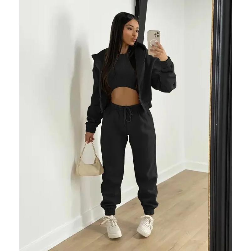 Women's Clothing Set Fleece-lined Hooded Sweater &Sleeveless Tank Top & Sports Sweatpants Pants Can be used with raincoat