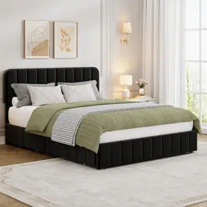 Queen Size Upholstered Velvet Platform Bed Frame – Adjustable Headboard with Vertical Channel Tufted Design, No Box Spring Required, Easy Assembly Bedroom Bed Frame for Modern Home Decor