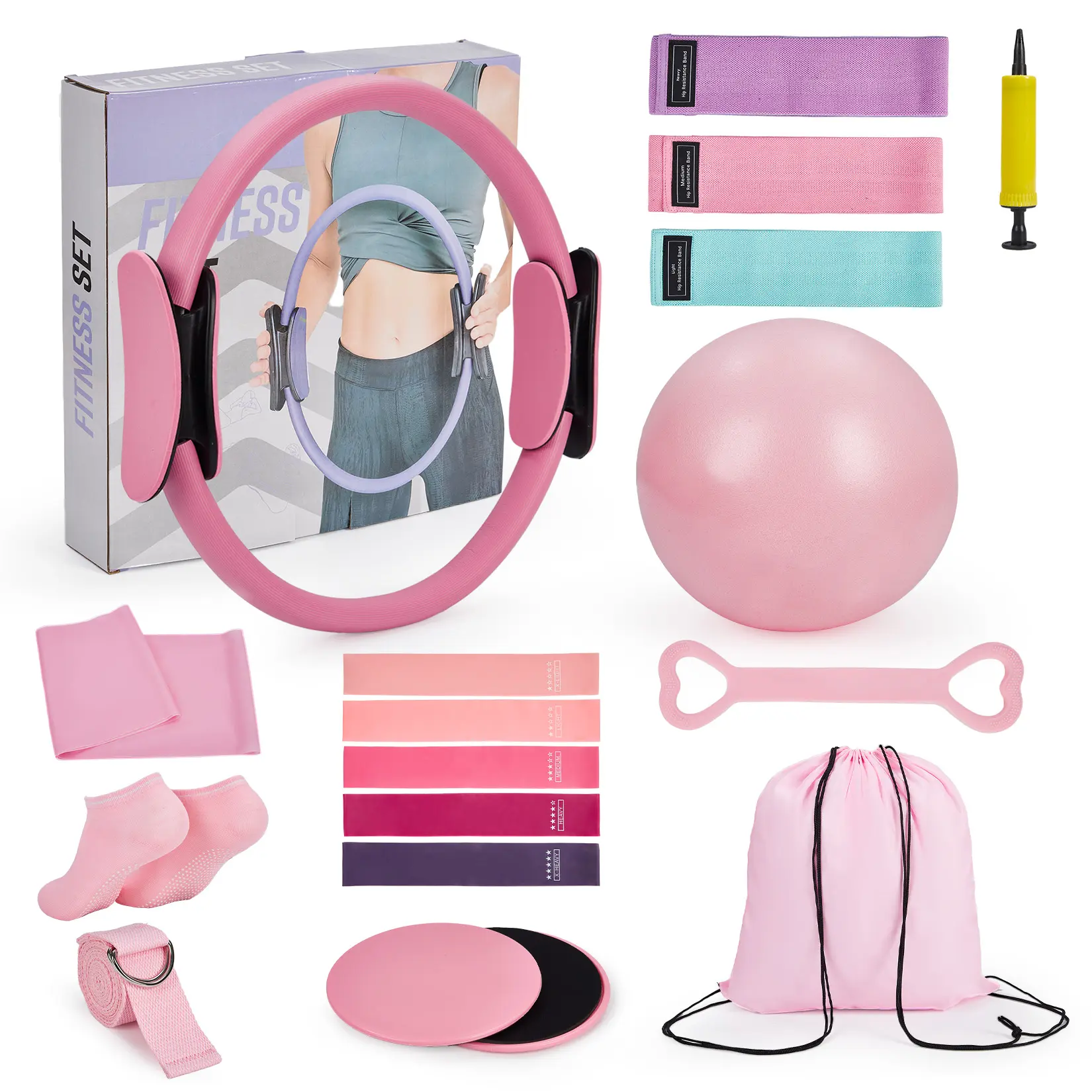 Home Pilates Kit Set for Women – 13-Inch Pilates Circle, Mini Exercise Ball, Resistance Bands – Full Body Equipment Kit for Core Strength, Flexibility & Toning – Home Pilates Training