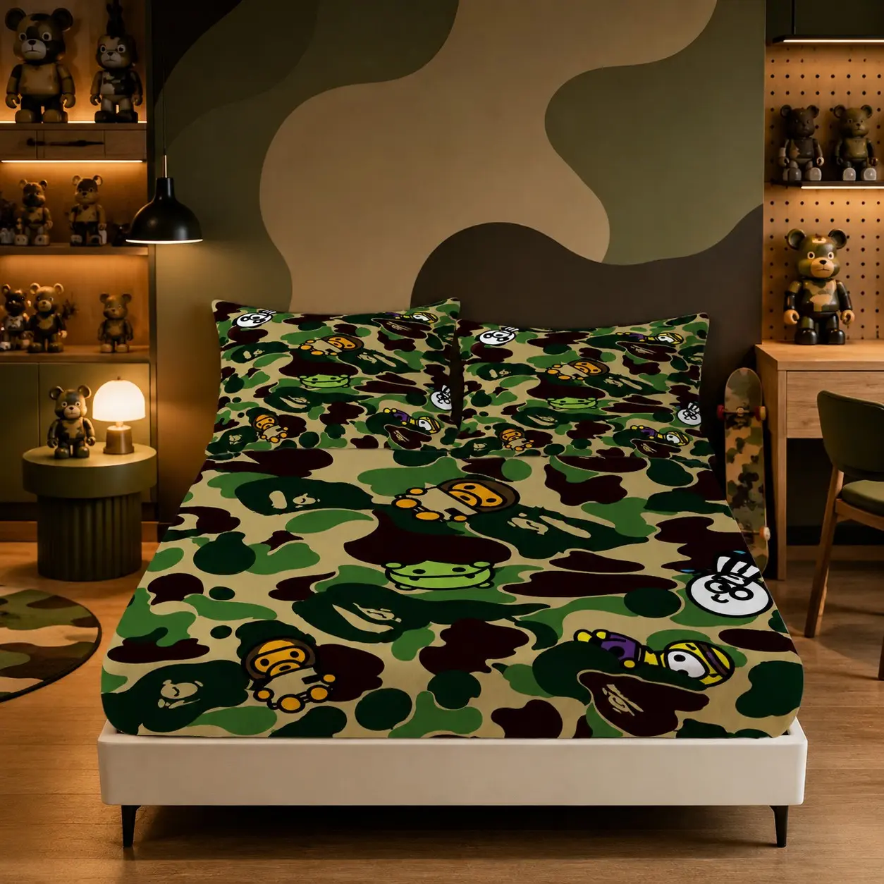 3‑Piece Fitted Sheet Set, Streetwear Camo Cartoon Style, Single‑Sided Digital Print, 1 Fitted Sheet + 2 Pillowcases, No Inserts, for Teen Boys Bedroom Home Bedding Decoration, Decorative Bedding, Ideal Gift for Teens, All‑Season Use