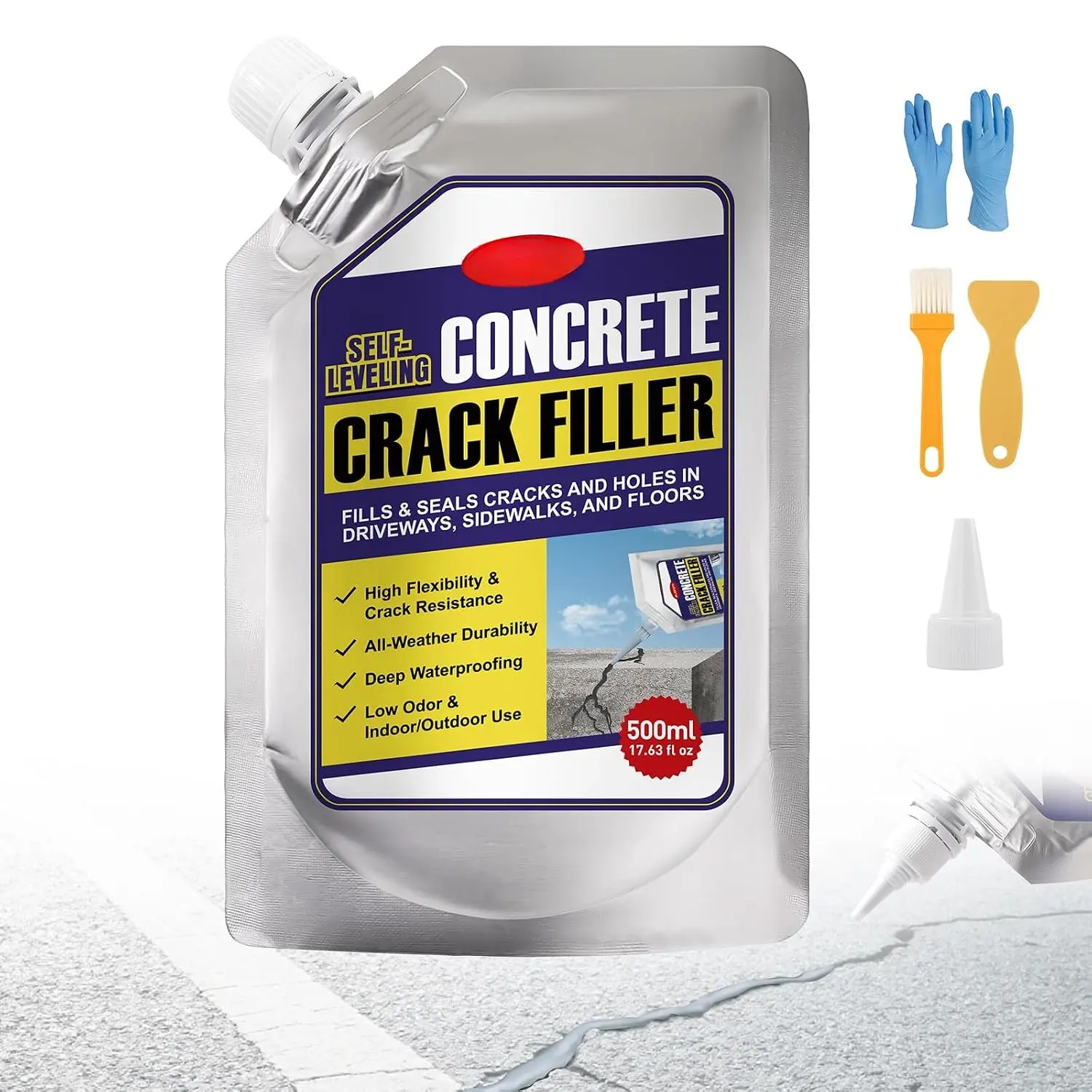 Self-Leveling Concrete Crack Filler – High Elasticity Cement Sealant |  -Drying DIY Outdoor Cement Crack Filler for Driveway, Sidewalk, Patio, Garage Floor - 1.10 LB