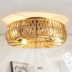 Low Clearance Flush Mount Caged Fandelier 20", Boho Handwoven Rope Ceiling Fan Equipped with Lights and Remote, Supports 6 Adjustable Reversible Wind Speeds, Stylish Ventilation Fan for Bedroom, Living Room & Kitchen Island