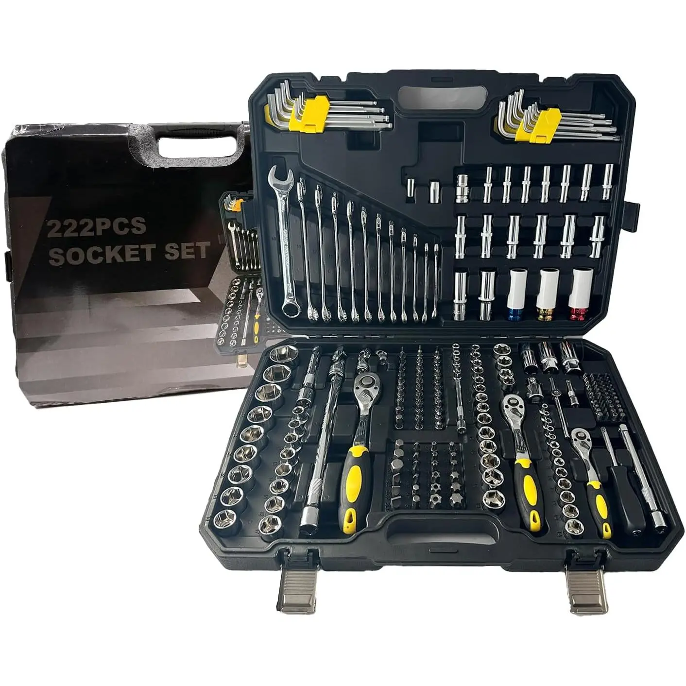 222 count Ratchet Hex Socket Set, 3/8", 1/4" and 1/2" Drive Ratchet Set | Allen Socket Set and Torx Bit Set, SAE/Metric Socket Set, S2 Alloy Steel Bits, 222-PCS Automotive Tool Set