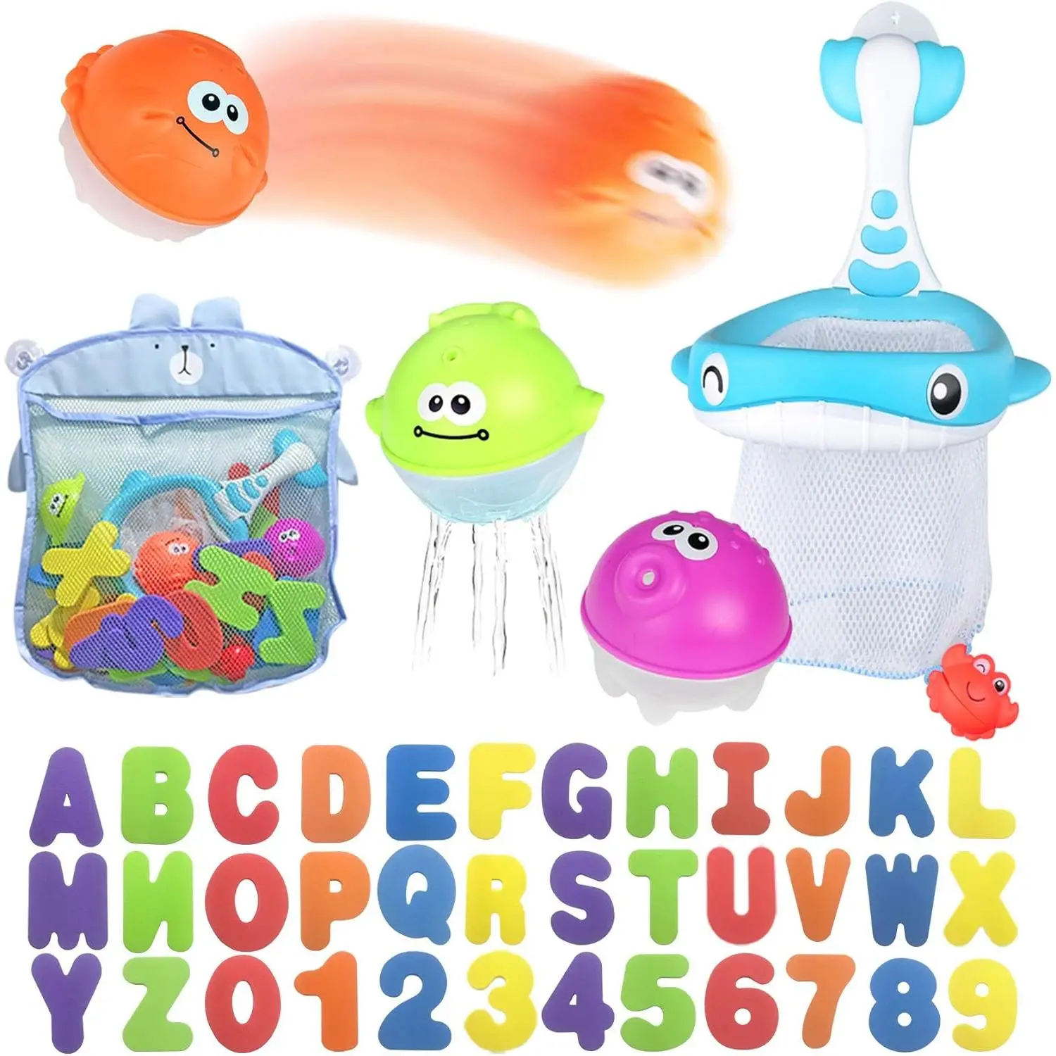 Unisex Prop 65 Safe Baby Bath Toy Set - 36 Foam Letters & Numbers, Floating Animal Shapes Squirt Toys, Fishing Net, Organizer Bag for Toddler Bathtub Fish Catching Game