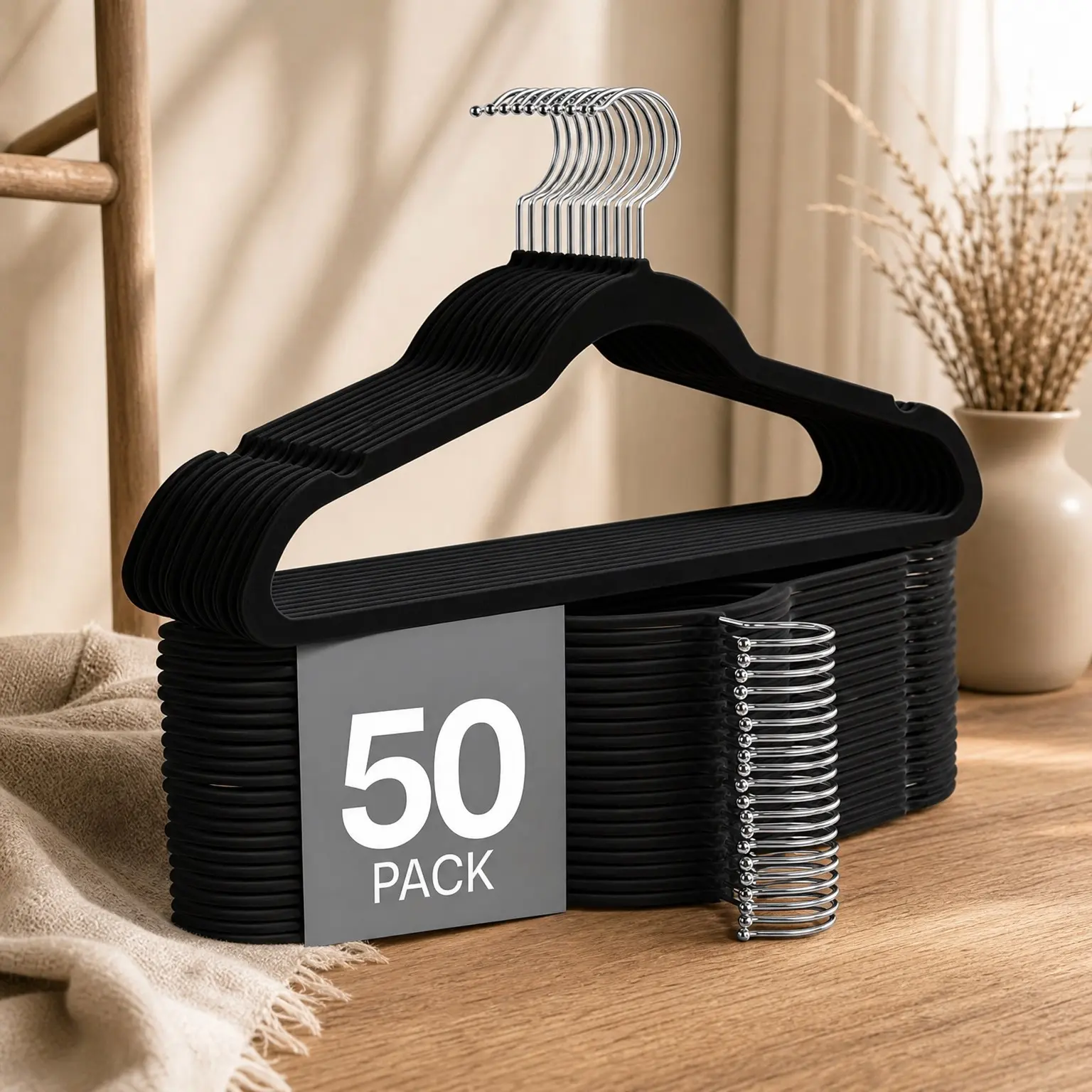 Velvet Hangers 50 Pack Black - Luxury Non-Slip Slim Clothes Hangers for Pants & Coats | Space-Saving Design with 360° Swivel HookGift