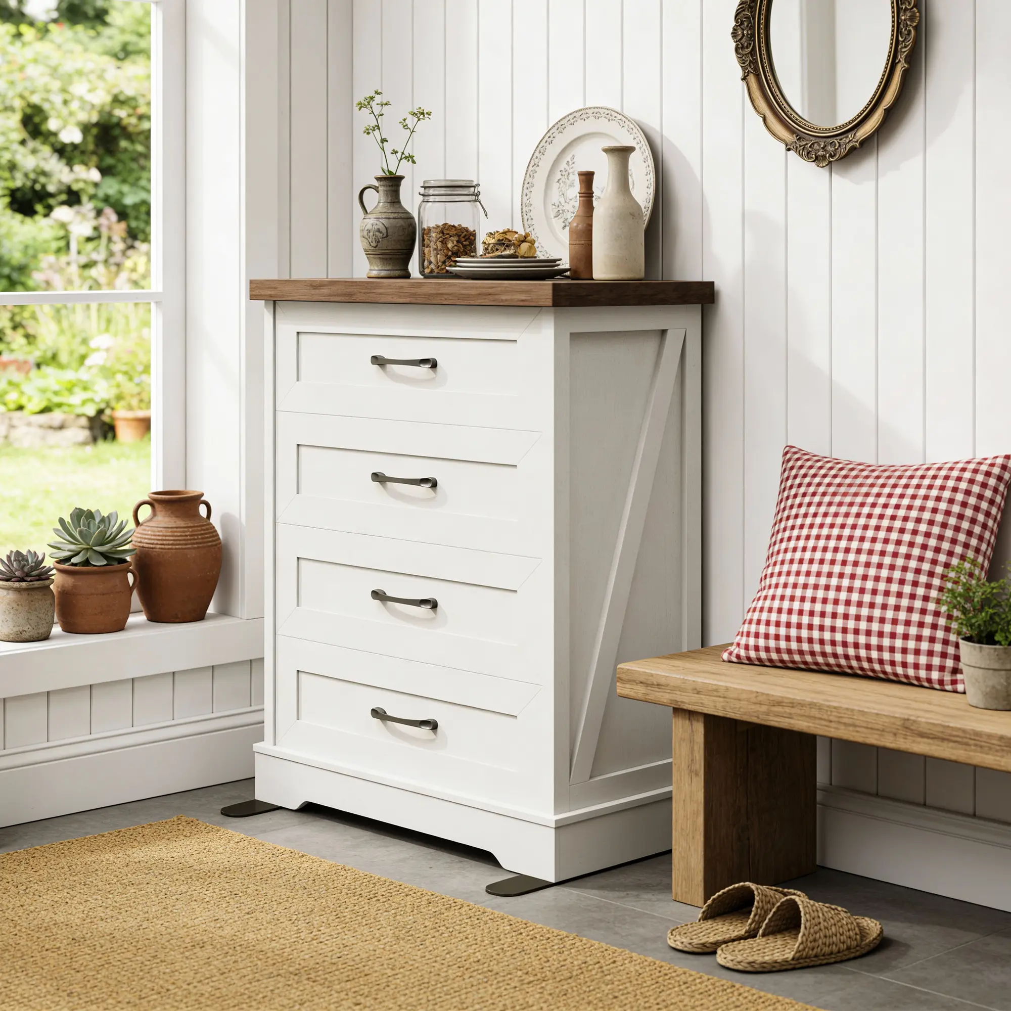 AODK Farmhouse 4-Drawer Dresser with Walnut Top, Tall Storage Chest with Metal Handles for Bedroom, Living Room & Entryway, White