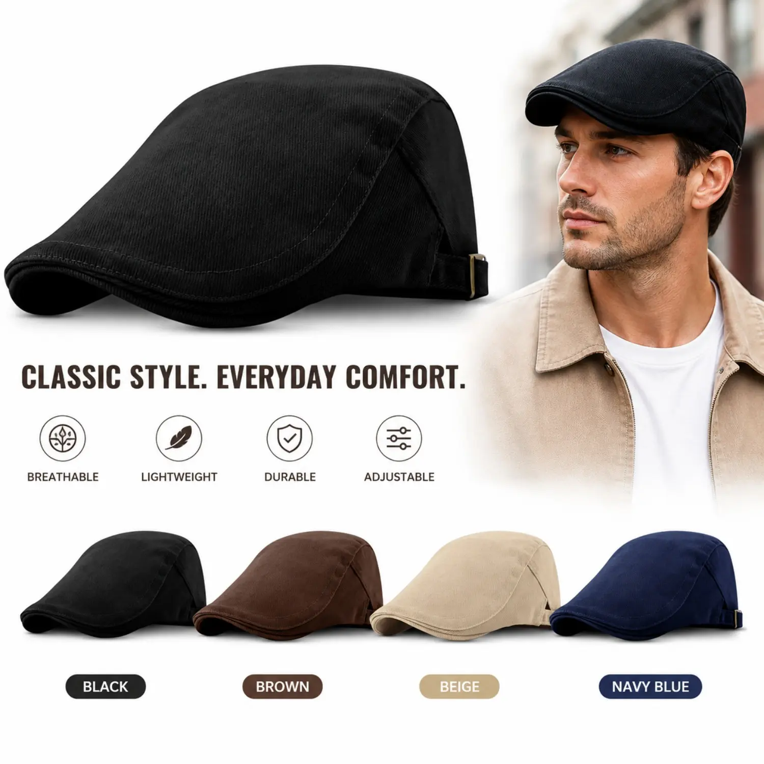 Men's Cotton Newsboy Cap - Flat Irish Cabbie Ivy Gatsby Driving Hunting Winter Hat, Packable Universal Outdoor Wear Men's Accessories