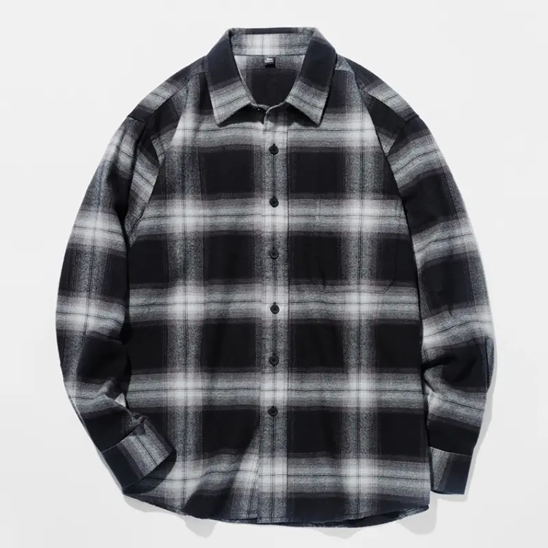Men's American Retro Plaid Long-Sleeve Button-Front Street Overshirt Top - Soft Brushed, Collared, Japanese-Inspired, Versatile Casual, Cold Wash Compatible, Size M