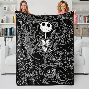 Jack Skellington Black White Flannel Blanket, Gothic Dark Theme Throw Blanket, Soft Cozy Machine Washable Blanket for Bed Sofa Travel, Stylish Durable Home Decor, Halloween Birthday Christmas Gift