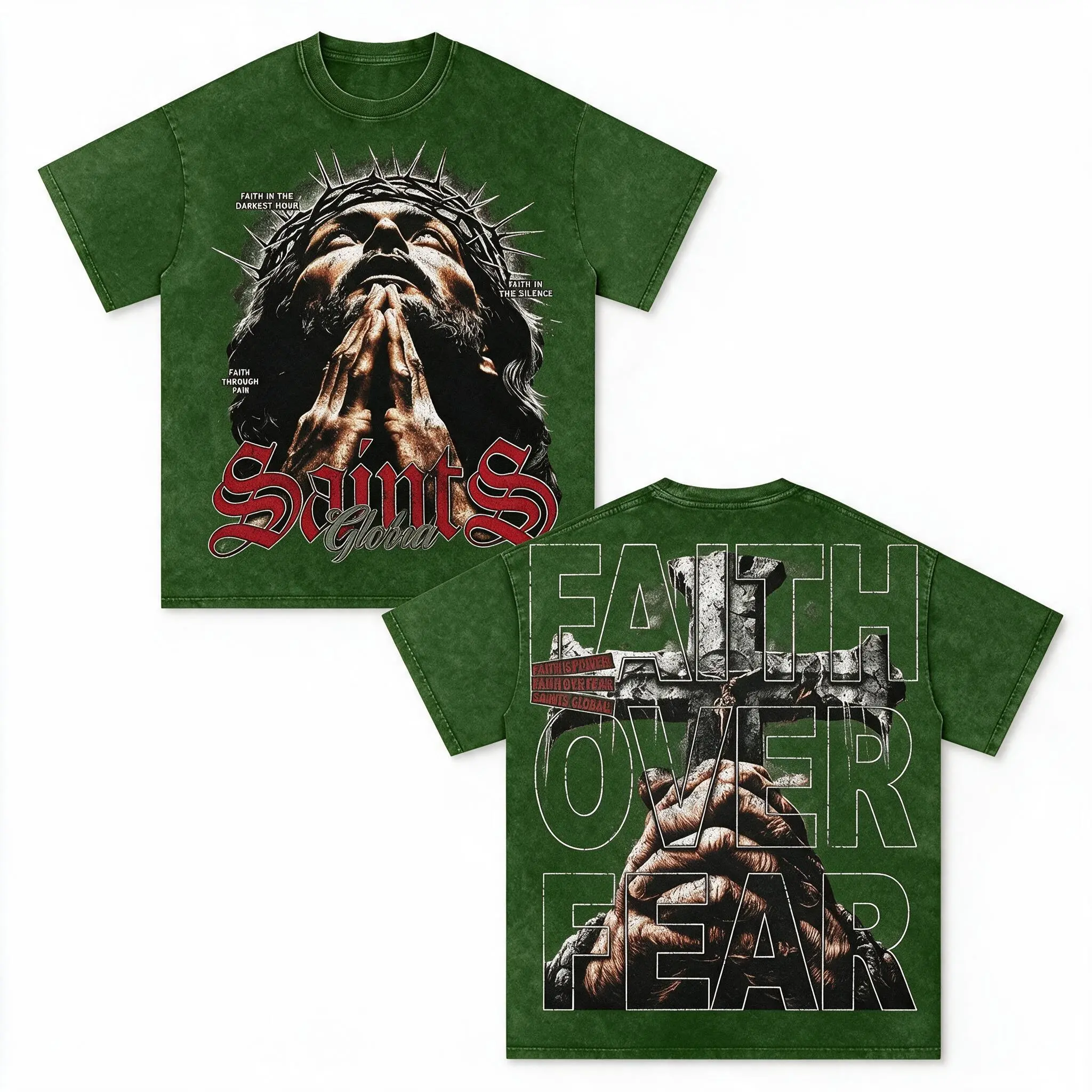 Faith Over Fear Graphic T-Shirt, Double Sided Saints Jesus Print Crewneck Short Sleeve Tee, Vintage Religious Streetwear ,Saints Global With Praying Figure And Faith Over Fear Mens Distressed Graphic Tee - Gothic-Inspired Crew Neck Hip Hop Streetwear With