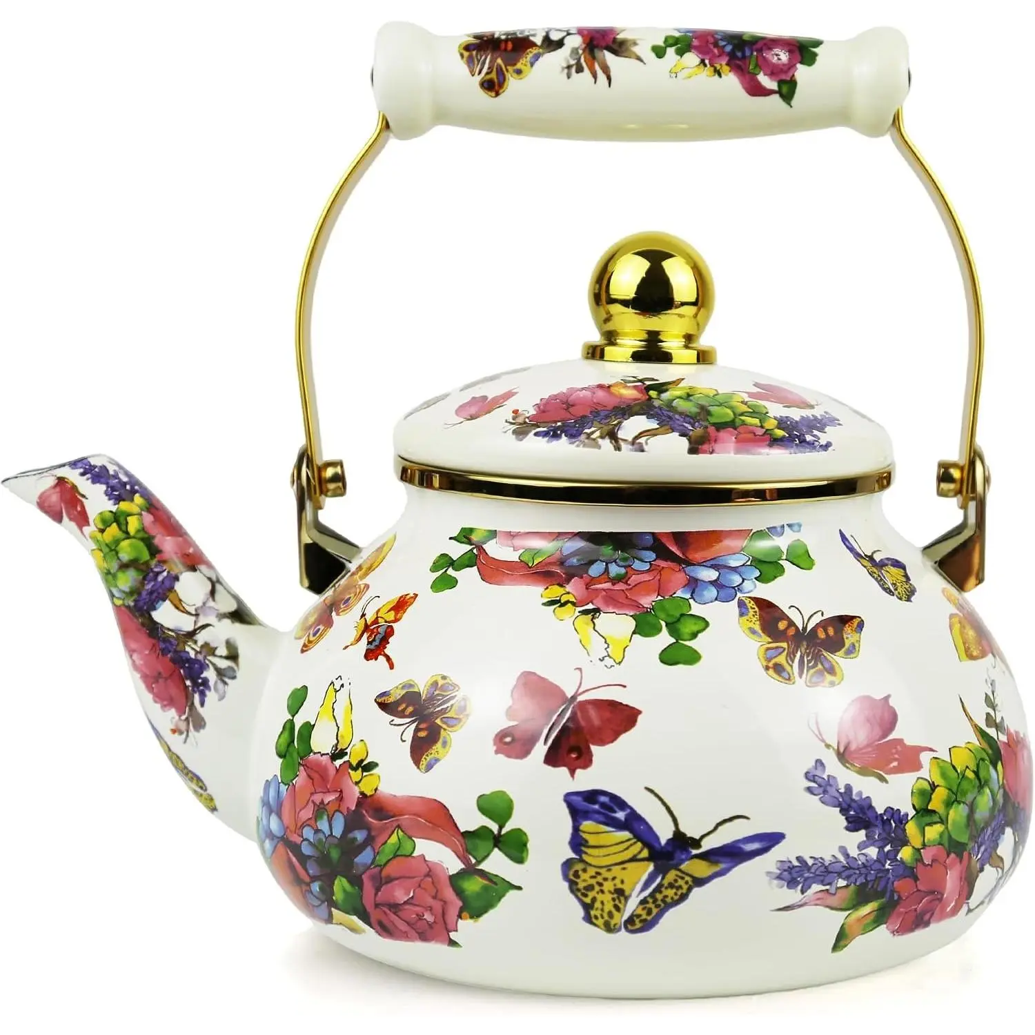 Vintage Enamel Tea Kettle 2.5L Butterfly Floral Stovetop Teapot with Porcelain Handle Romantic Enamel Kettle for Home/Camping/Tea Party, Ideal Christmas Gift