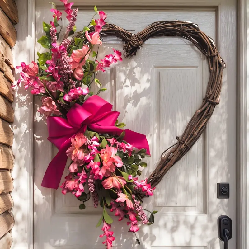 Heart-Shaped Floral Wreath Door Hanger for Valentine's Day & Mother’s Day - Artificial Wood with Pink Flowers, Green Foliage, and Ribbon Bow - Perfect for Weddings, Bridal Showers, Christmas, Easter, Thanksgiving Decor, Wedding Flowers Decorations