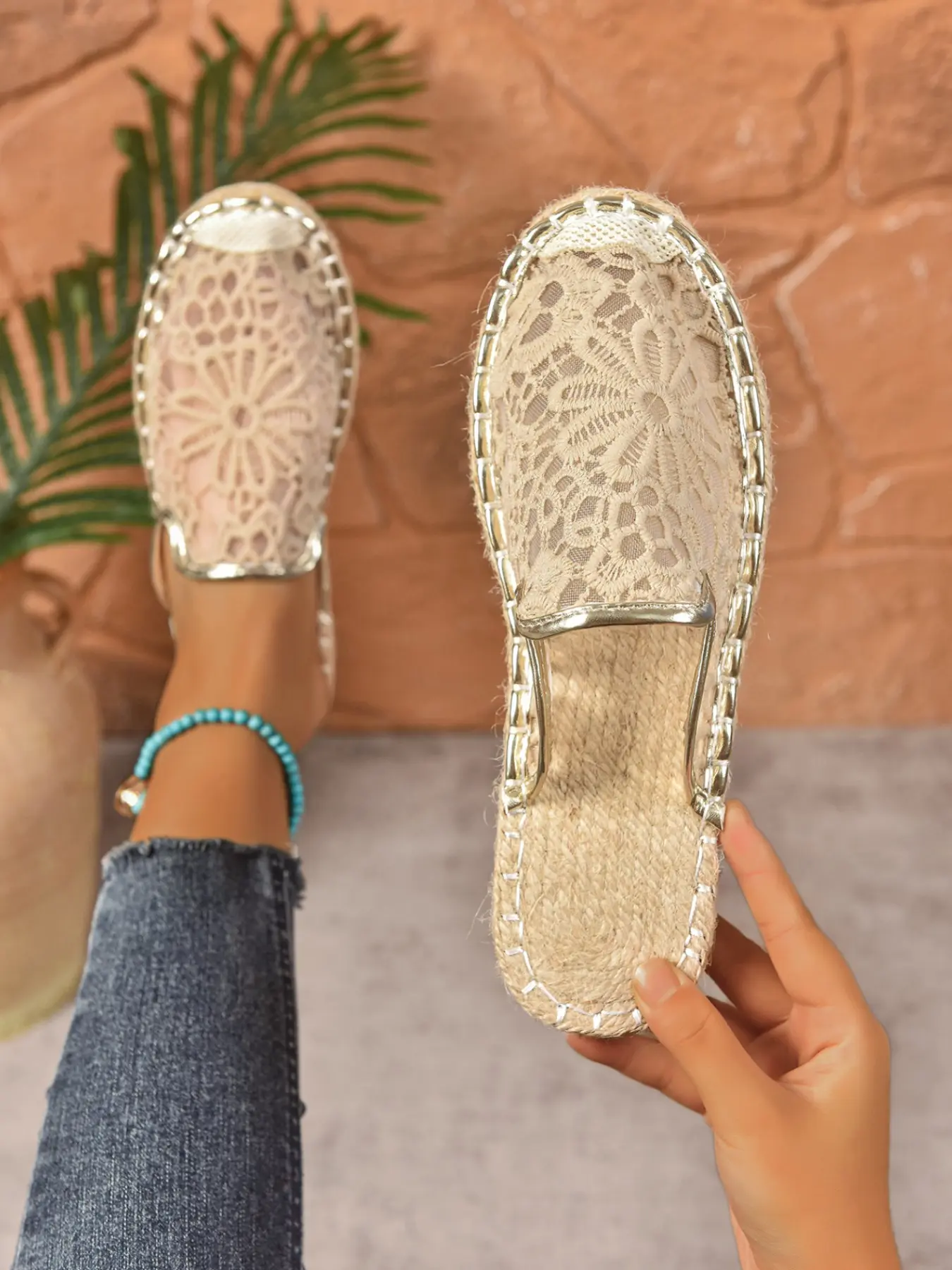 Women's Boho Hollow Lace Straw Flat Slide Backless Sandals, Rope Trim Open Toe Espadrille Slippers for Beach Vacation Summer Daily Footwear Flat Bohemian Sandals
