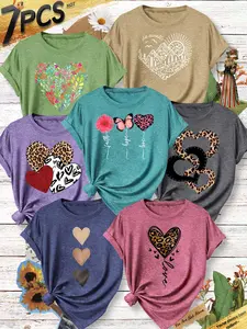 7Pcs Women Crew Neck T-shirt, Multi-layer Leopard Heart Mountain Floral Daisy Butterfly Print, Loose Washable Women Summer Casual Outfit