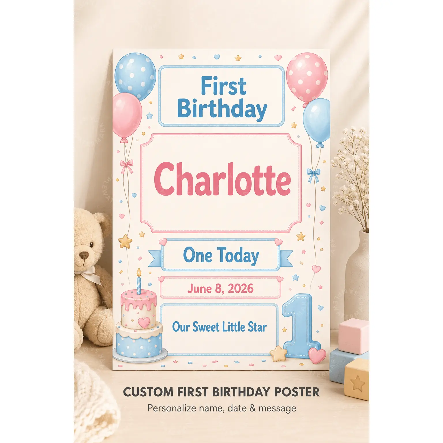 Custom First Birthday Poster, Personalized Baby Name Wall Art, Pink Blue Balloon Cake Decor, Kids Nursery Aesthetic Poster, Baby Room Birthday Party Wall Decor, 1st Birthday Gift