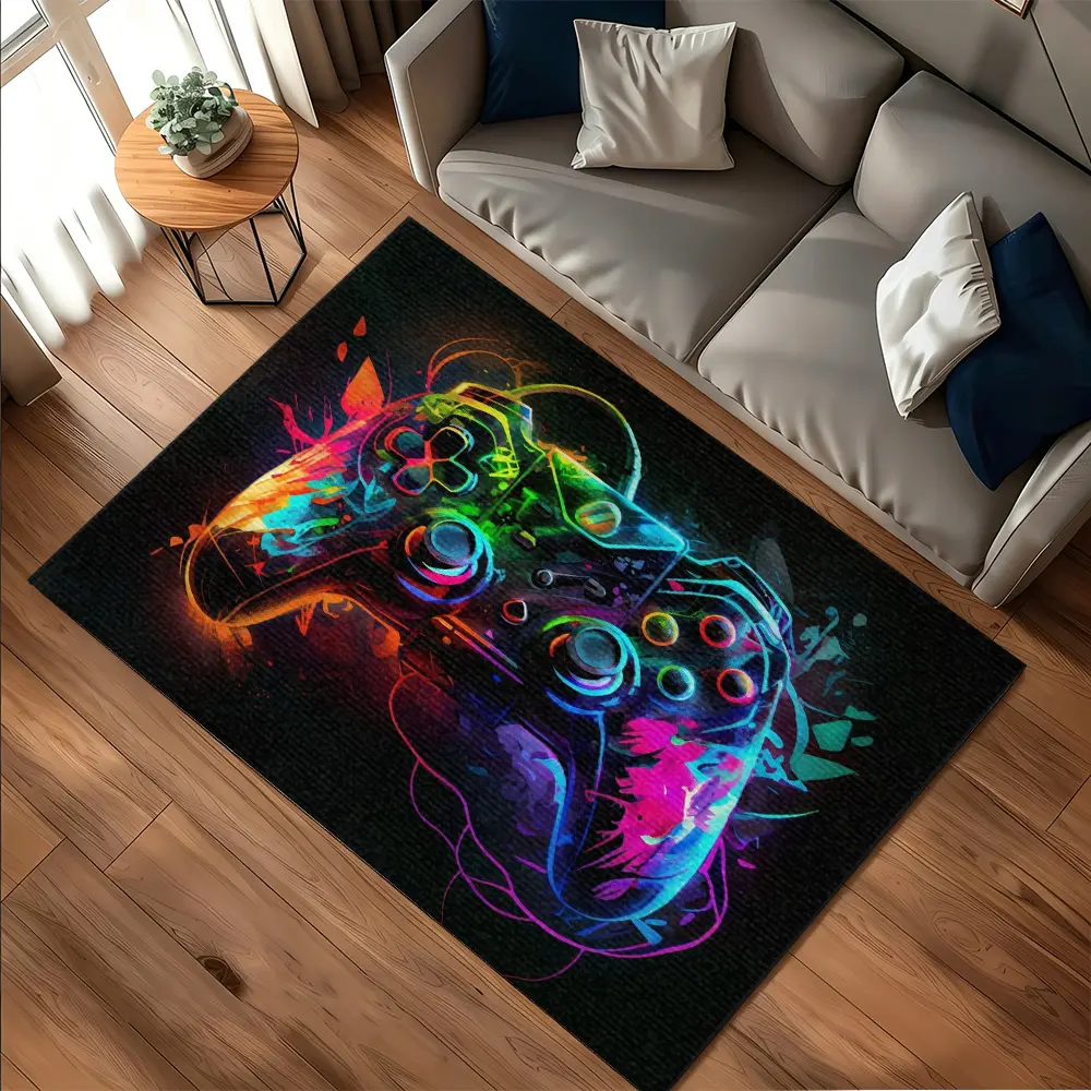 Color Splash Neon Game Controller Crystal Velvet E-Sports Anti Slip Floor Rug #NeonGameControllerRug #ColorSplashEsportsMat #CrystalVelvetCarpet #GamingRoomDecorMat