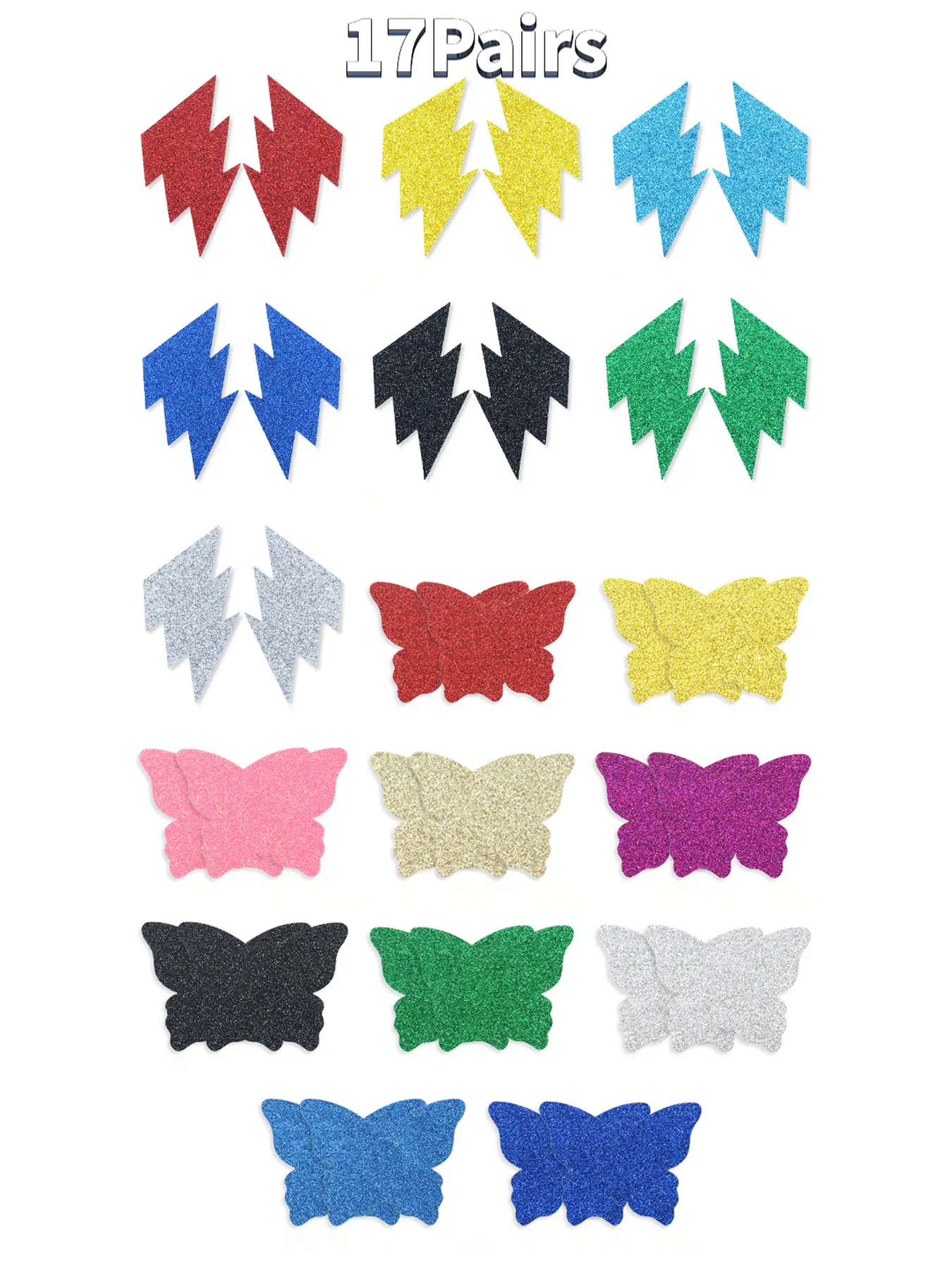 17 Pairs Butterfly Flash Lightning Pattern Cover Stickers for Carnival Parties, Disposable Shimmer Cover Stickers, Adhesive Festival Stickers