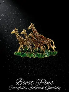 Gold Tone Four Giraffe Family Brooch, Enamel Brown Spot Pattern, Green Enamel Grass Base, Wildlife Animal Lapel Pin, Vintage Safari Jewelry for Women Suit Coat, Heartfelt Family Theme Gift for Nature and Animal Lovers