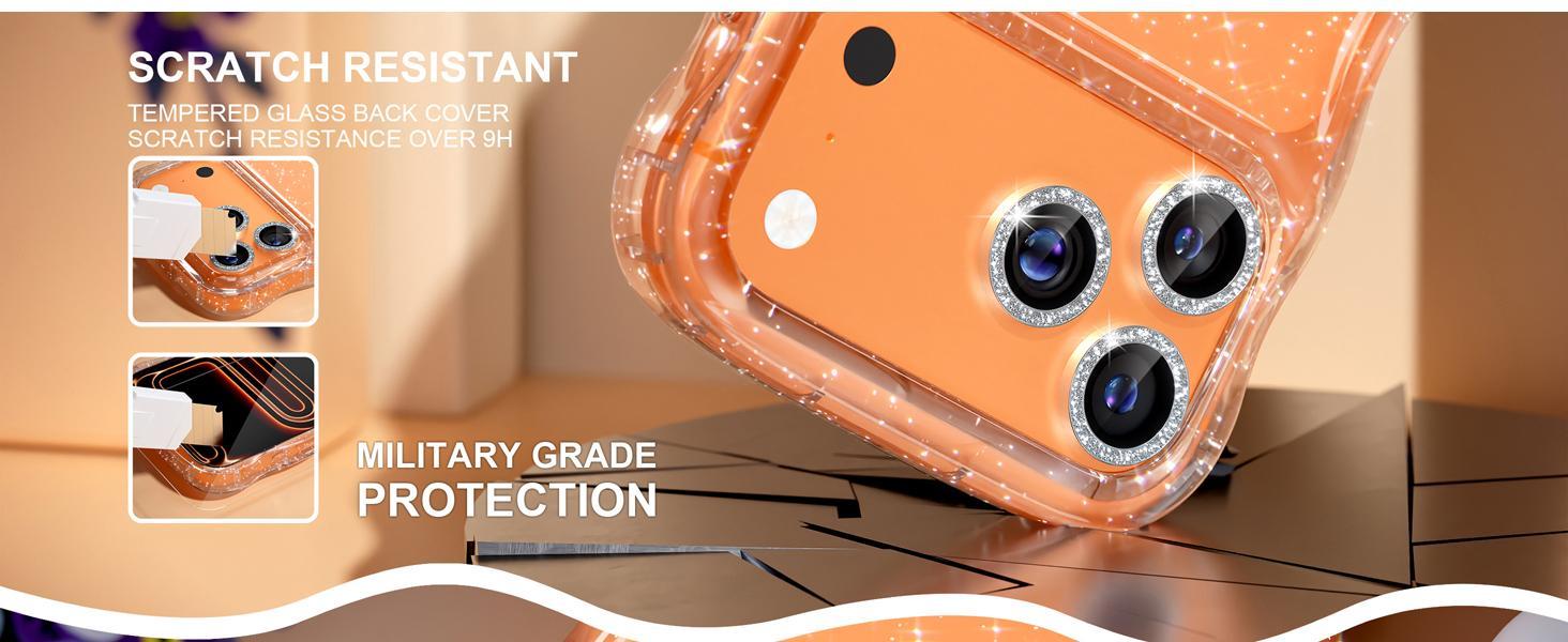 Choiche Compatible for iPhone 17 Pro Max Case, Women Cute Sparkly Phone Case, Curly Wavy Frame Cover [3 x Diamond Camera Lens Protectors] [2 x Tempered Glass Screen Protectors] 6.9" (Glitter Clear)