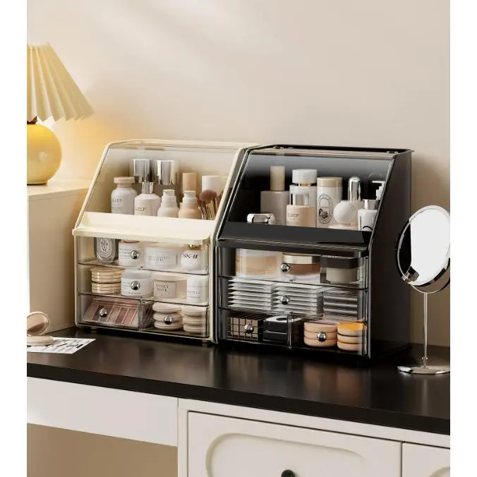 Flip Top Plastic Makeup Organizer Box - Dustproof Home Organiser with Pullable Drawers, Large-Space Desktop Storage for Skincare Supplies, Lip Makeup & Beauty Brushes