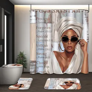 LVRLVR 4Pcs God Says I AM Afro Woman White Headwrap Sunglasses Bible Verse Distressed Wood Print Artwork Farmhouse Modern Art Style Blue White Brown Tone Shower Curtain Set 70.8×70.8 Inch