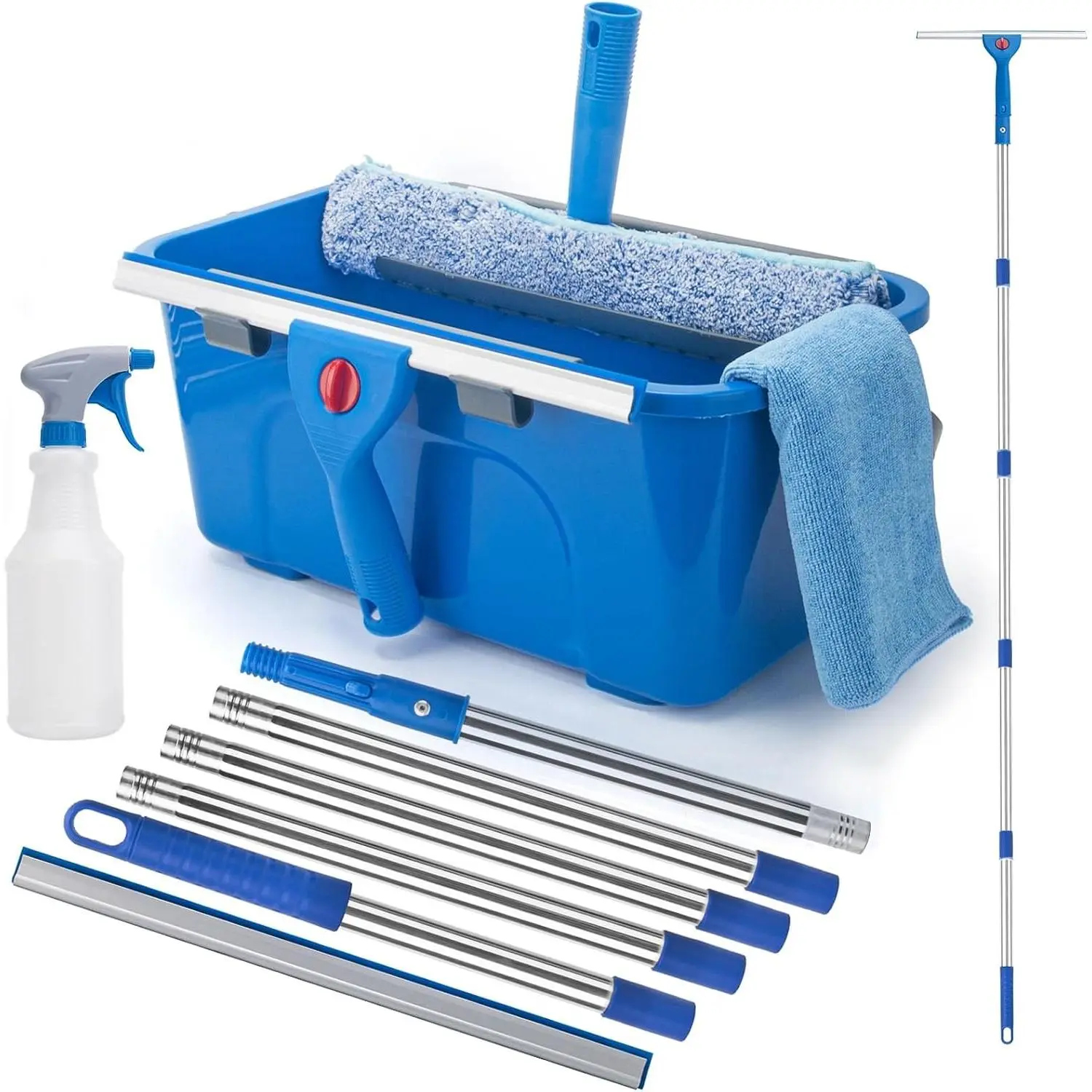 Window Cleaning Kit for Home and Commercial Use, 6 Ft Long Handle Professional Glasses Cleaner Squeegee with 3 Gallon Bucket and Spray Bottle and Scrubber, Car Windshield Washing Tool