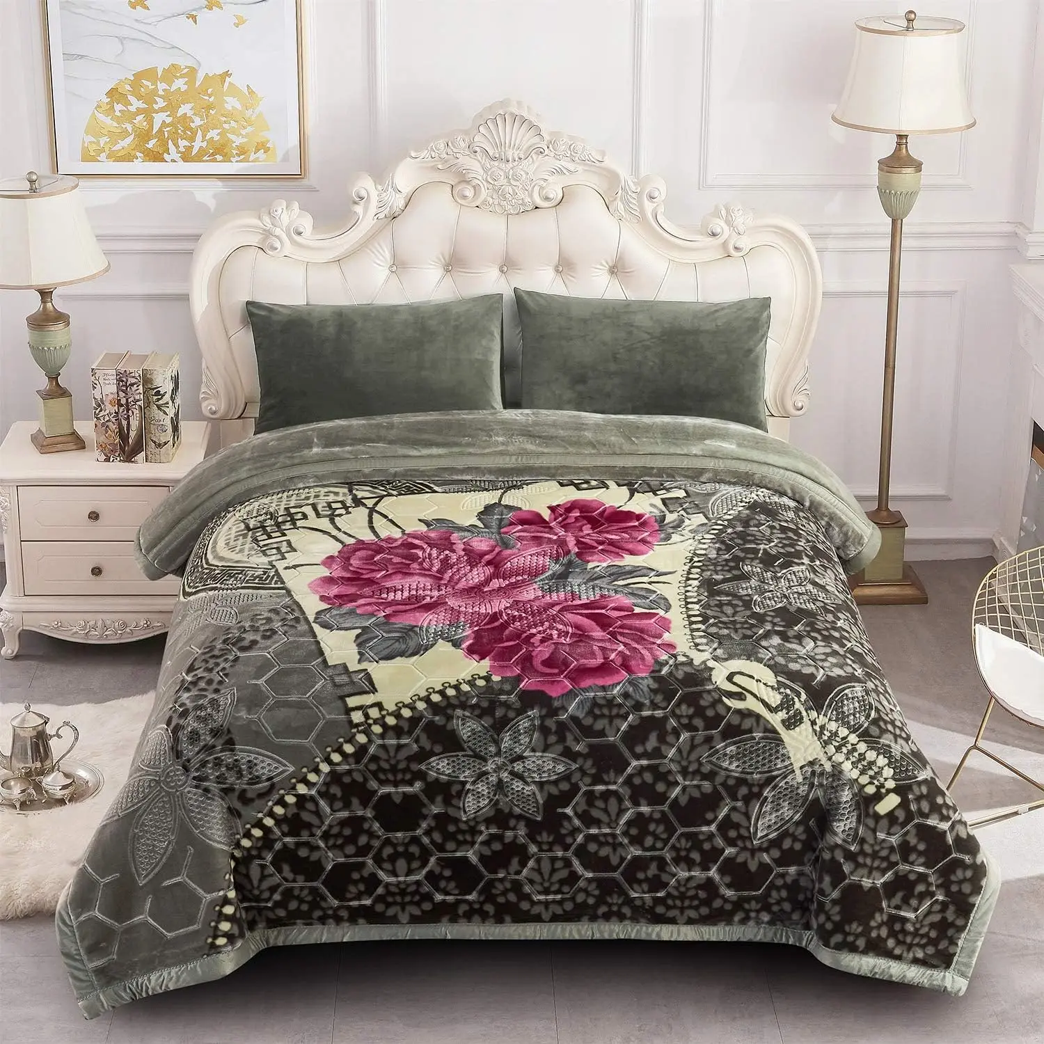 Heavy Fleece Blanket  Size, Korean  2 Ply 10 Pounds Plush Bed Blanket - Sliky Soft, A&B Printed (Grey Floral, (85"x 93"))