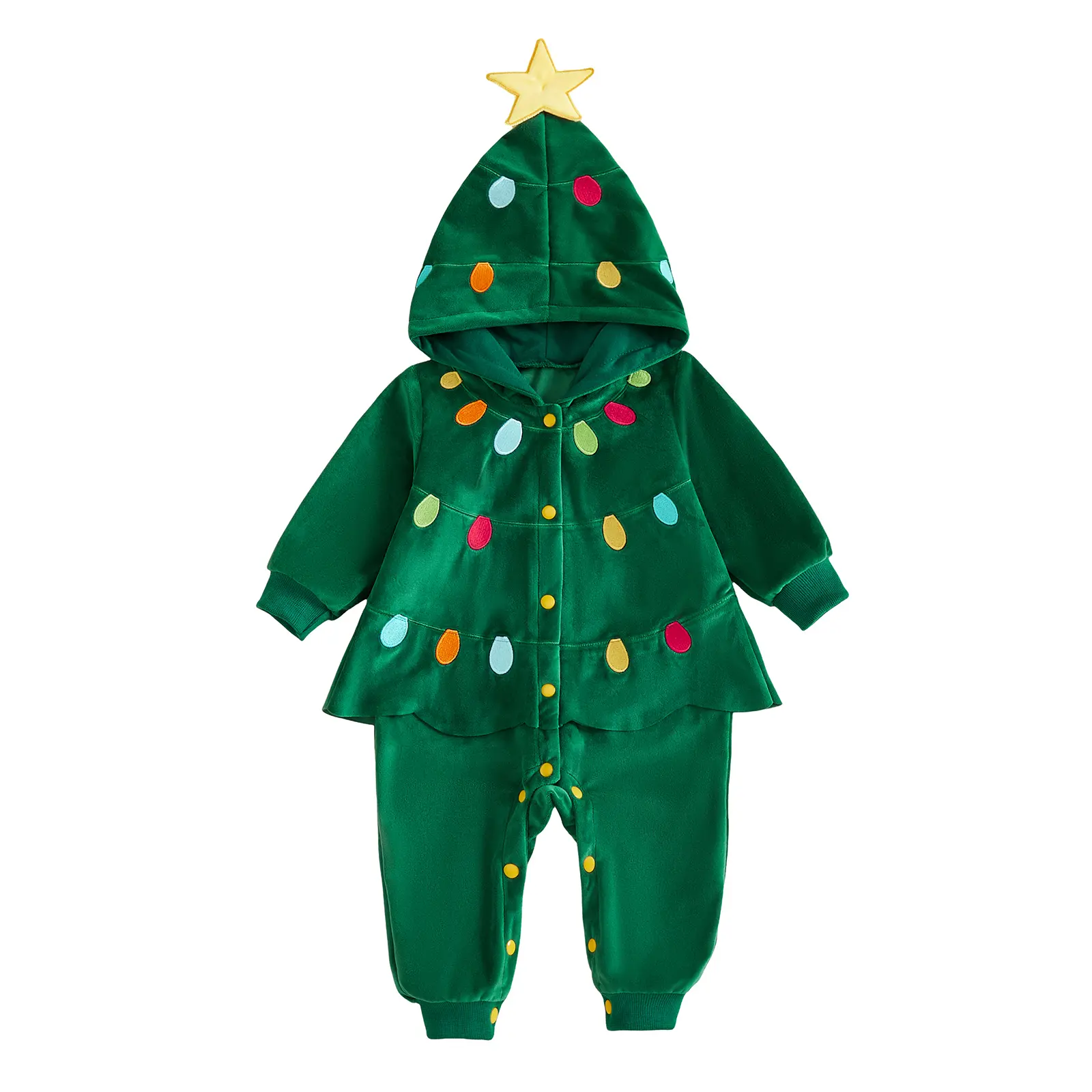 Meihuida Toddler Baby Boy Girl Christmas Tree Hooded Jumpsuit Velvet Light Bulb Applique One‑Piece Holiday Cosplay Costume