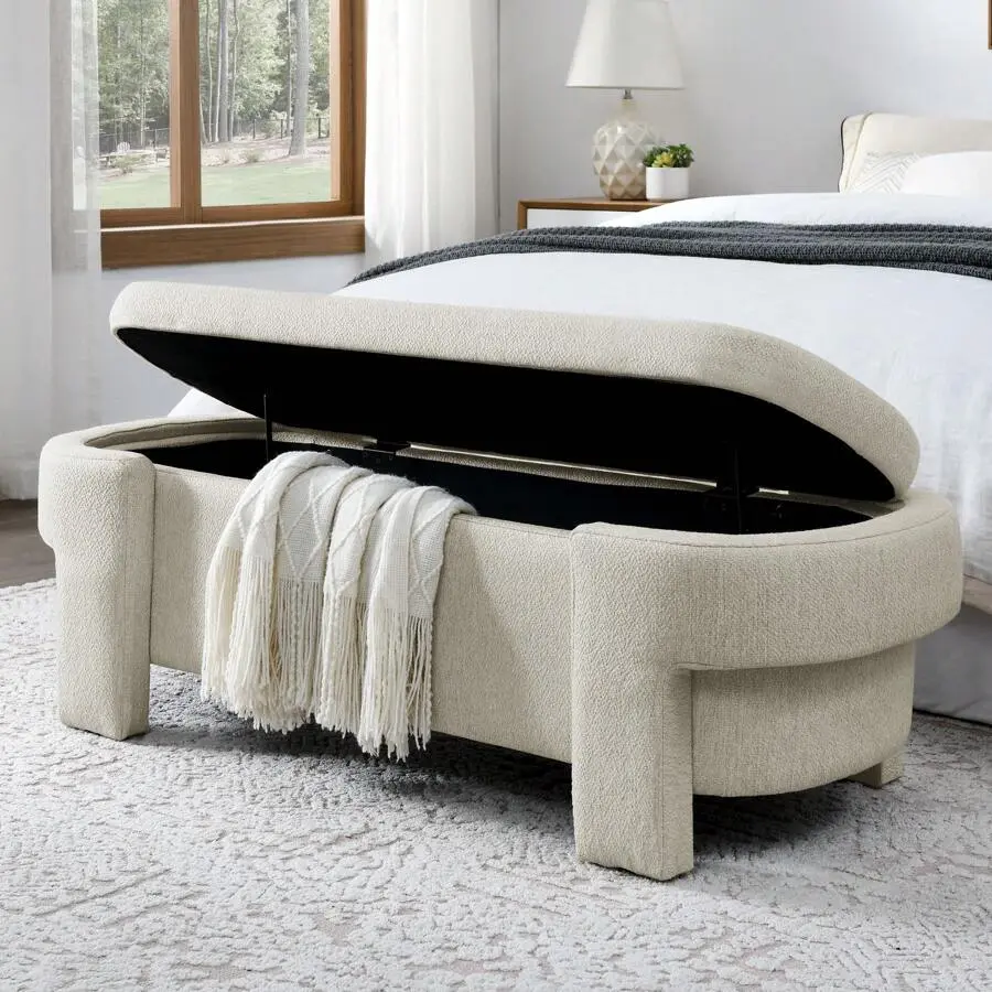 Large Storage Entryway Bench, Linen Upholstered Ottoman With Foam Seat, Cream Beige, Mid-Modern Design Living Room, Bedroom, No Assembly Needed (51.5 Inch) Back To School Dormitory Storage