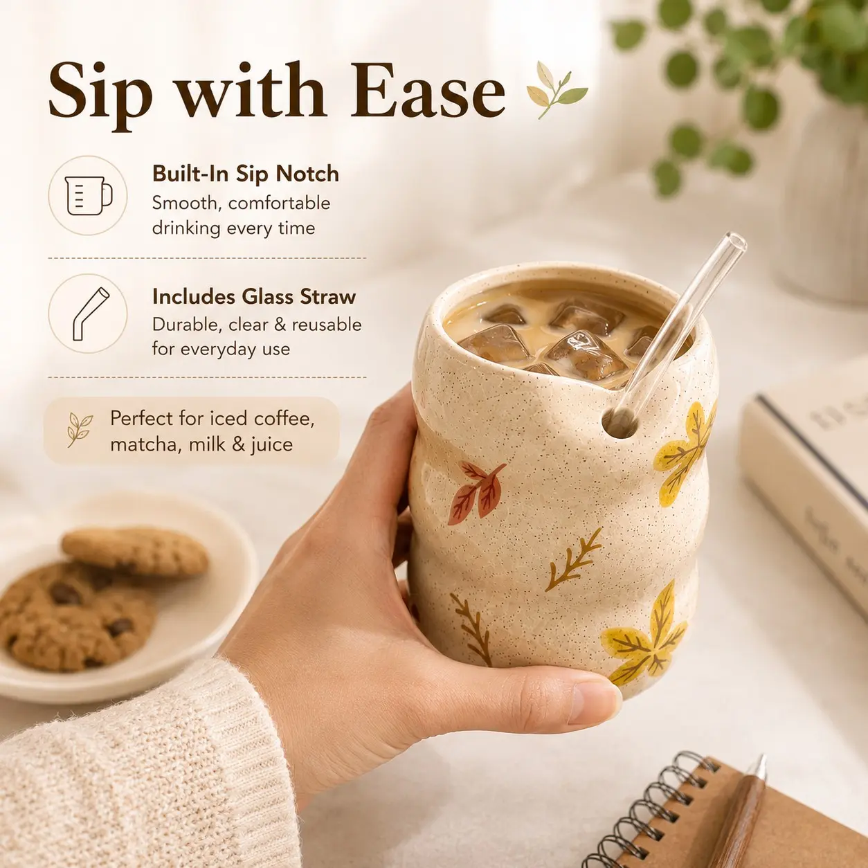 Creative Ceramic Straw Cup 400ML, Home Coffee Mug, Milk Cup, Iced Coffee Cup, Matcha Cup, Cute Mushroom Leaf Design, Office Drinkware, Gift Cup