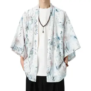 PRIJOUHE Kimono For Men Japanese Style Kimono Robe Jacket Lightweight Open Front Cardigan Seven Sleeve Yukata Coat