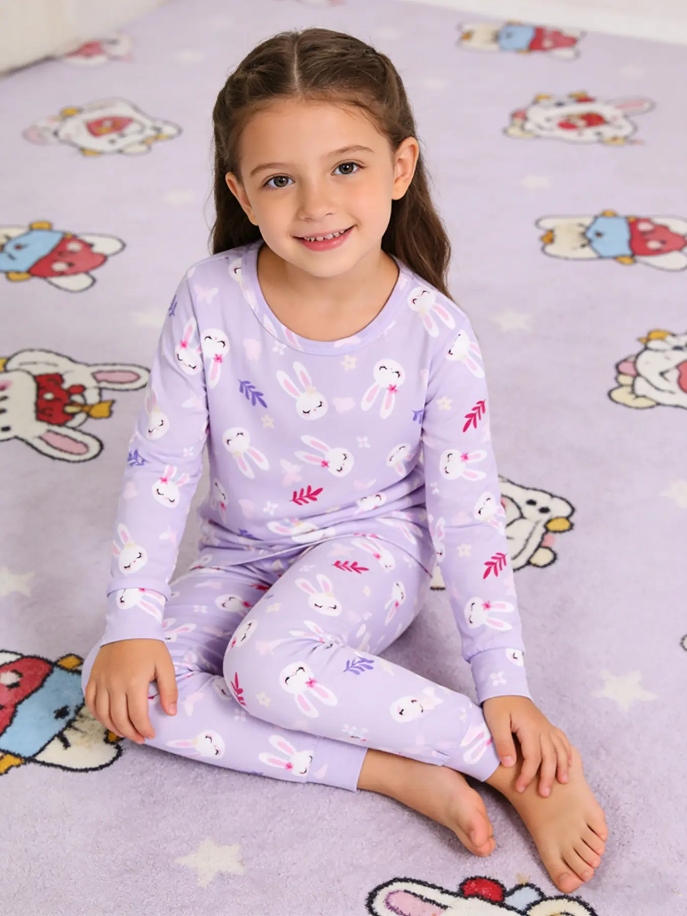 Girls' Cartoon Pattern Pajama Set, Spring & Fall Fitted H-Type Casual Loose Fitting Cartoon Print Sleepwear, Long Sleeve and Pants Home Cartoon Pattern Pajamas