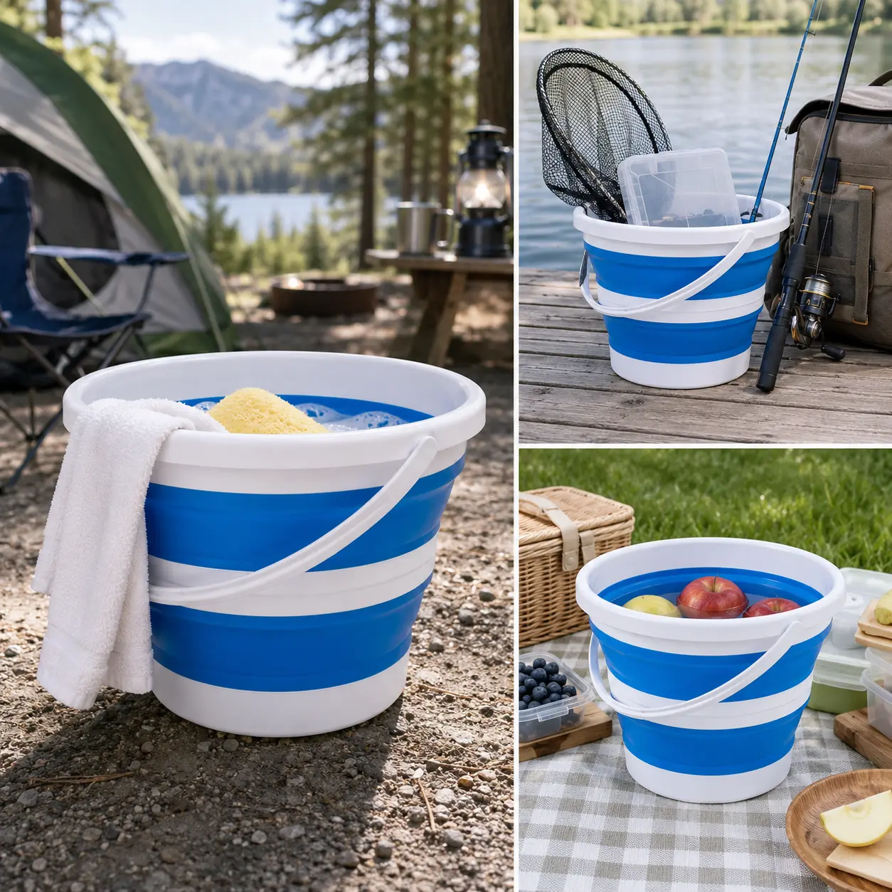 10L Collapsible Bucket with Handle, Portable Foldable Water Pail for Camping, Fishing, Car Washing, Beach, RV and Home Cleaning, Space-Saving Blue & White