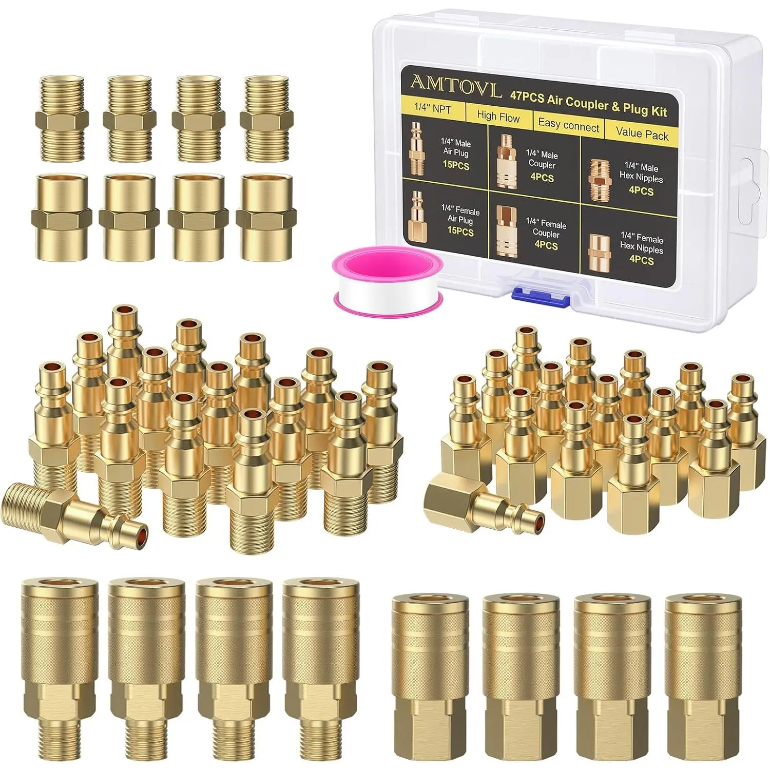 AMTOVL Air Coupler & Plug Kit 47PCS – 1/4" NPT Air Hose Fittings Set, Industrial Quick Connect, Brass & Copper Plated Air Compressor Accessories for Garage, Workshop Automotive Tools campingessentials