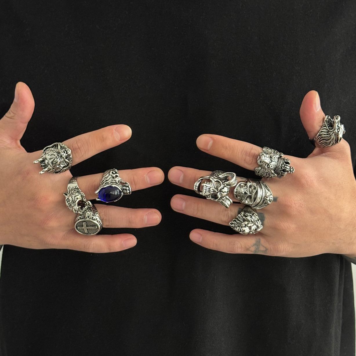 Multi Piece Ring Set Retro Gothic Silver Rings Adjustable Chunky Hollow Open Finger Rings Unisex Vintage Jewelry Set Gift for Women Men